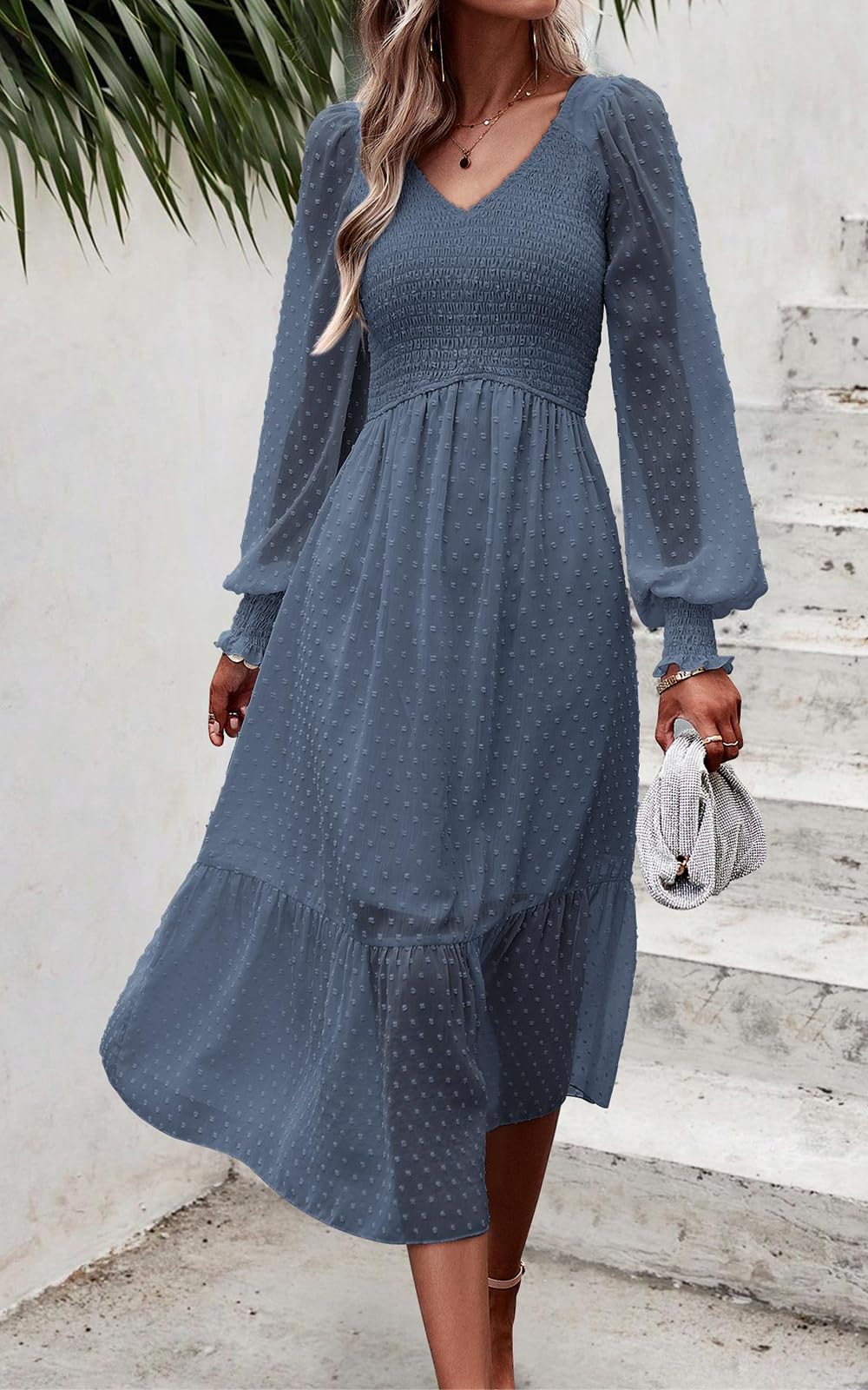 PRETTYGARDEN Women's Floral Swiss Dot Chiffon Dress 2025 - Long Sleeve V-Neck Empire Waist Ruffle Midi Dress for Spring Summer Wedding Guest Party Office Wear