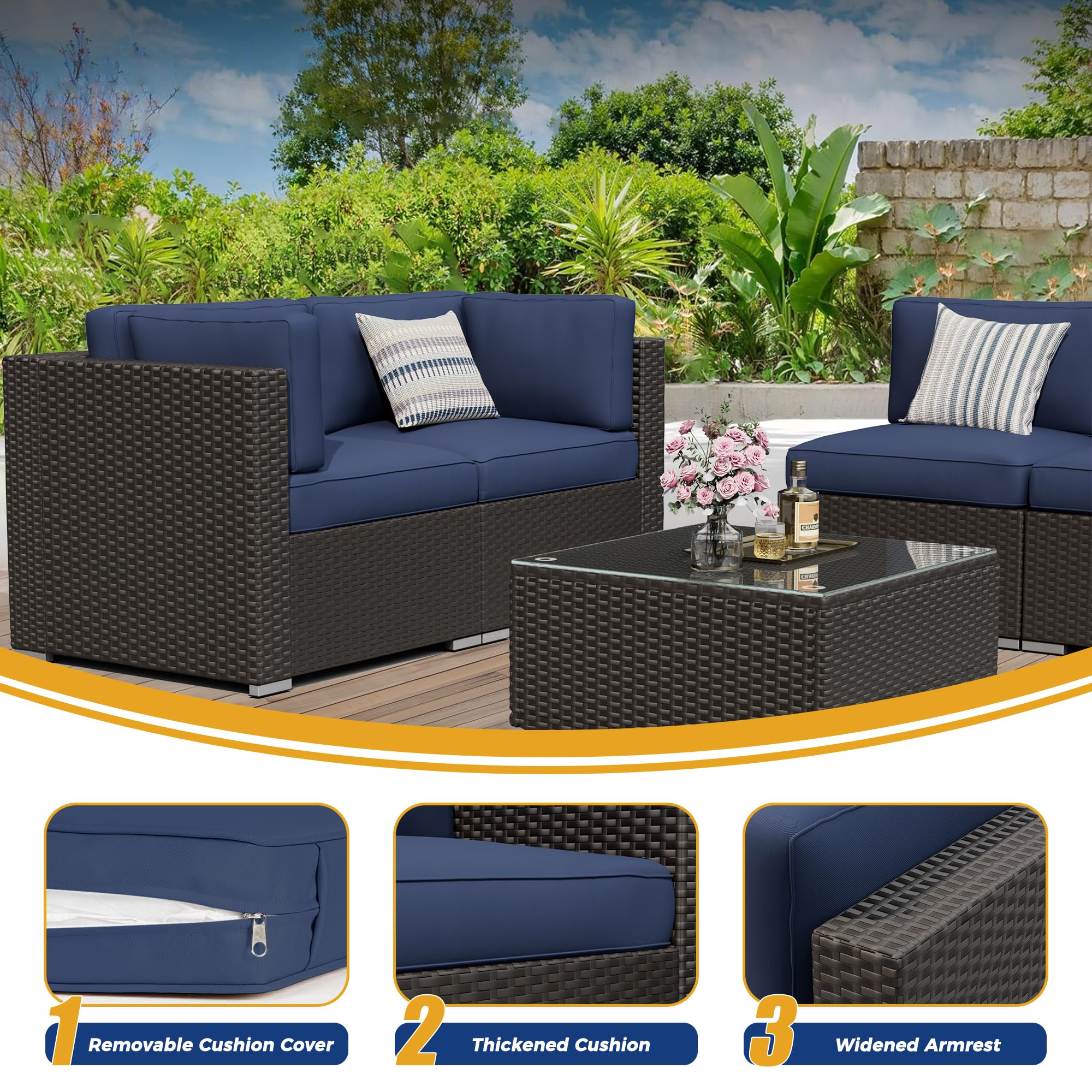 7-Piece All-Weather Outdoor Patio Furniture Set - Dark Blue Rattan Sectional Sofa with Glass Top Table & Removable Cushions - Manual Weaving Wicker Conversation Set for Backyard, Garden, Poolside or Terrace Relaxation