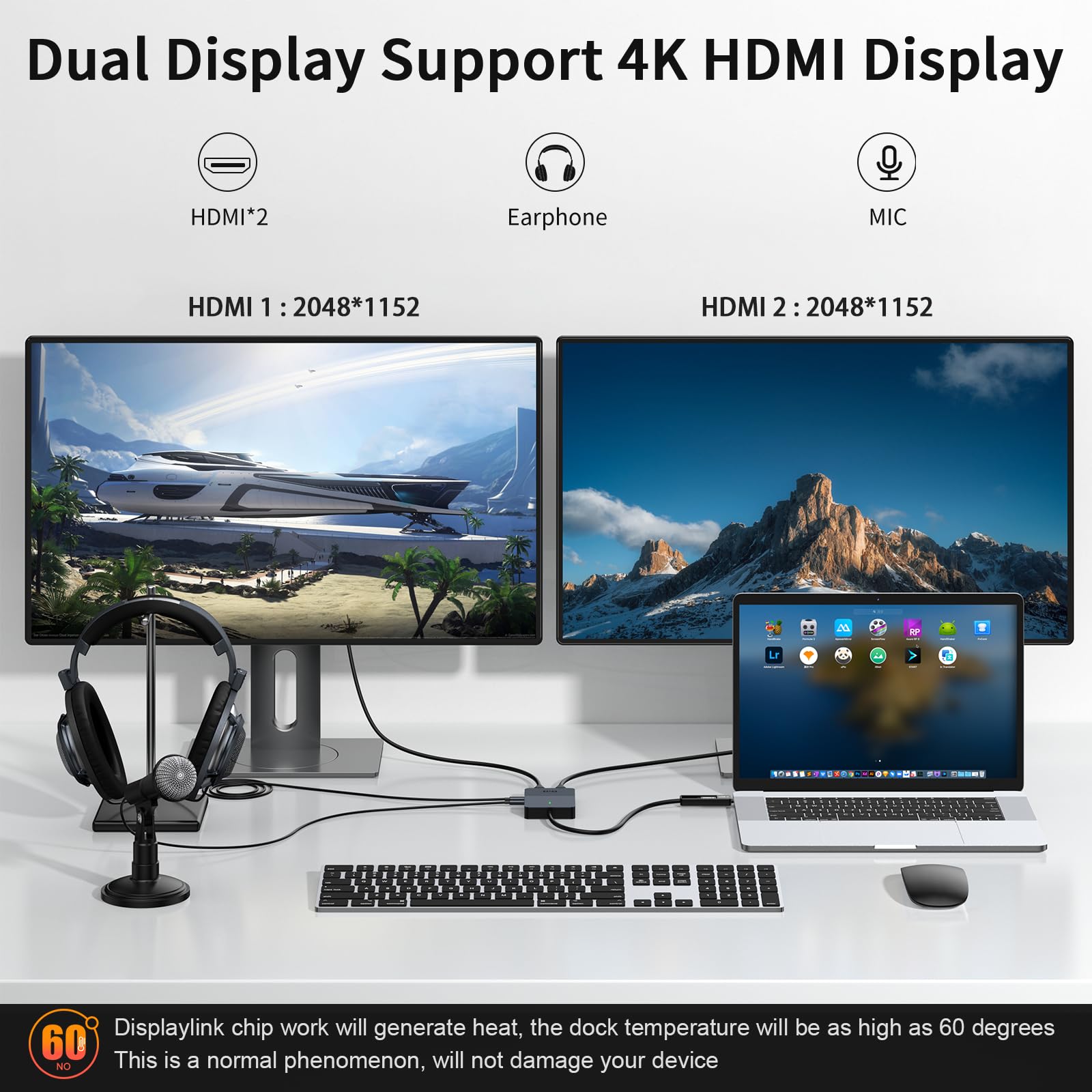 USB to Dual HDMI Adapter - 2K@60Hz for Dual Monitors, Windows & Mac - Home & Office Use