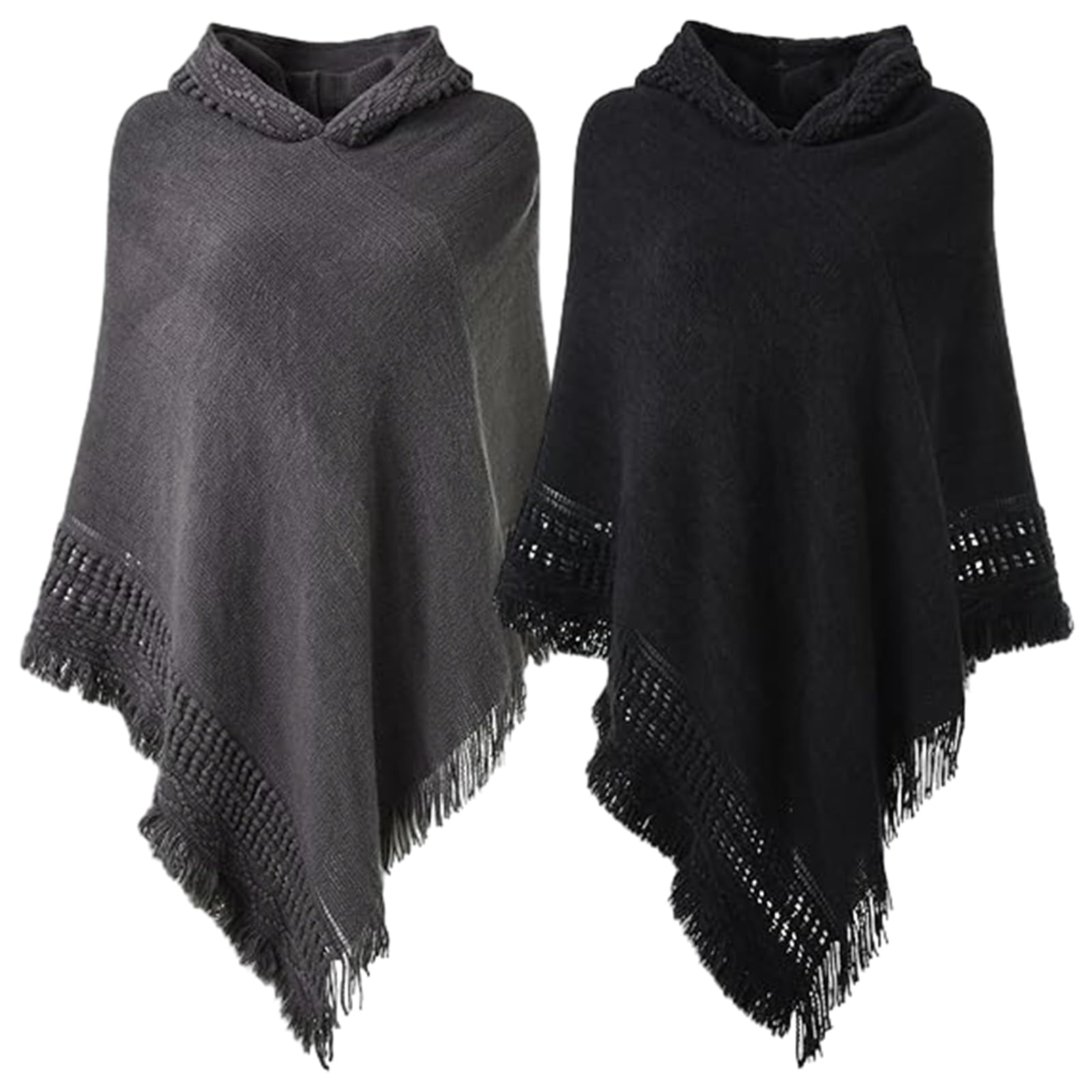 Liitrsh 2-Pack Women's Knitted Hooded Cape Poncho Sweaters with Fringed Hem - Cozy Crochet Pullover for Fall Fashion, Outdoor Activities & Casual Wear
