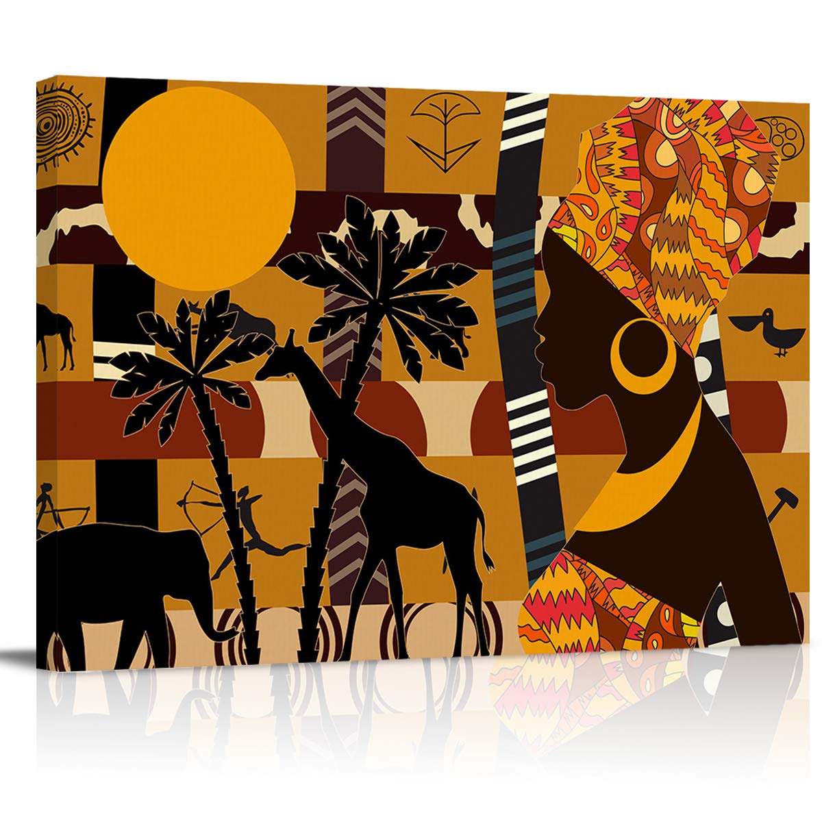 African Savanna Canvas Wall Art - Framed Black Woman Elephant Giraffe Ethnic Painting for Bathroom & Bedroom Decor | Stretched Canvas Artwork for Home & Office Wall Decoration | Perfect for Living Room, Nursery & Dormitory