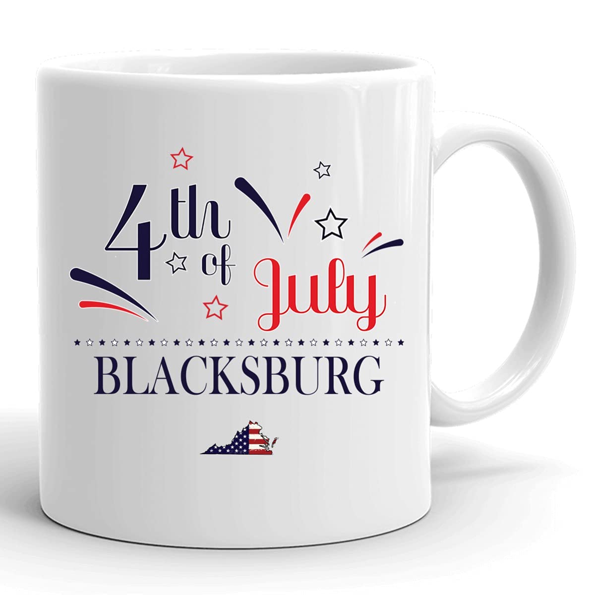 Personalized 11oz Coffee Mug with USA Flag - Custom Happy 4th of July Gift for Independence Day - Blacksburg Virginia State Design - White Ceramic Cup for Office, Home & Holiday Celebrations