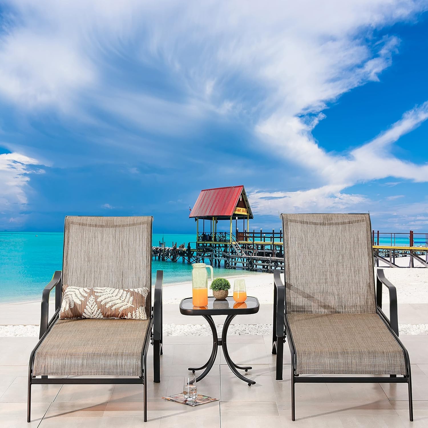 LOKATSE HOME 3-Piece Outdoor Chaise Lounge Set with Adjustable Back - Steel Frame Patio Pool Chairs & Coffee Table in Grey - Perfect for Backyard, Poolside, and Garden Relaxation