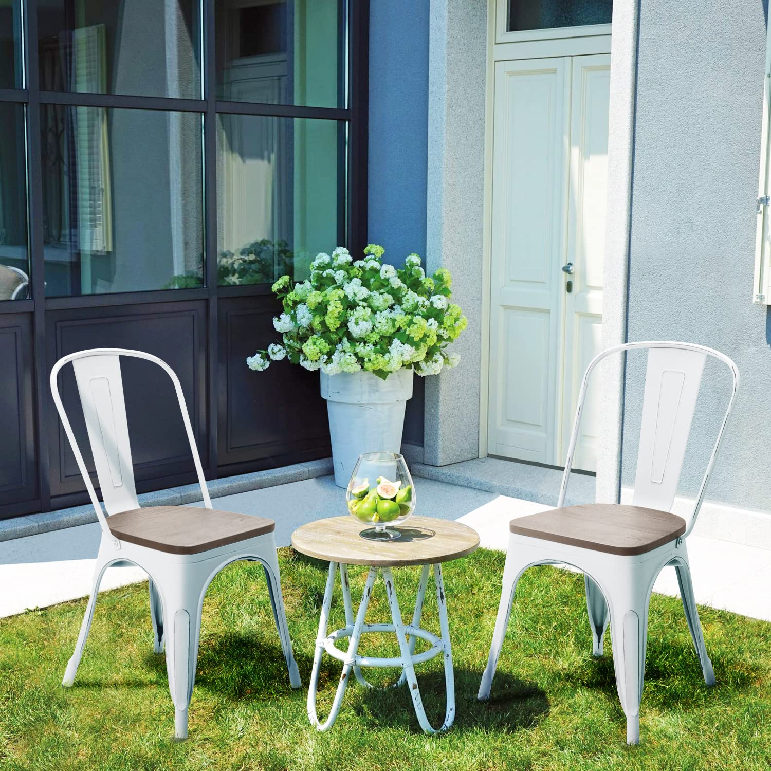 Furniwell 4-Pack Stackable Metal Dining Chairs with Wood Seat - Industrial Tolix Style Indoor/Outdoor Kitchen, Dining Room, Bistro & Cafe Chairs (White) - Perfect for Home, Restaurant and Patio Use