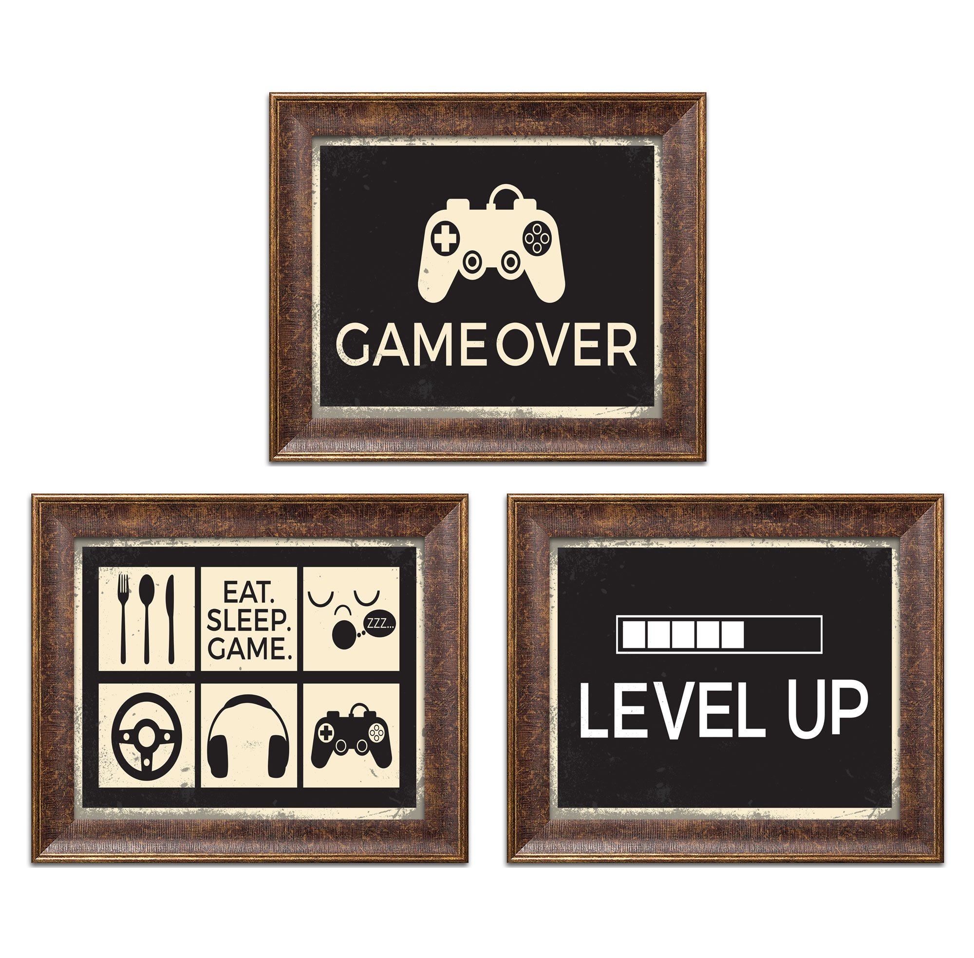 ND Art Ready-to-Hang Horizontal Game Over Level Up Eat Sleep Game Wall Decor - Set of 3 Gold Trim Framed Prints 18x12 Inches - Perfect for Gamer Room, Man Cave & Office Decor
