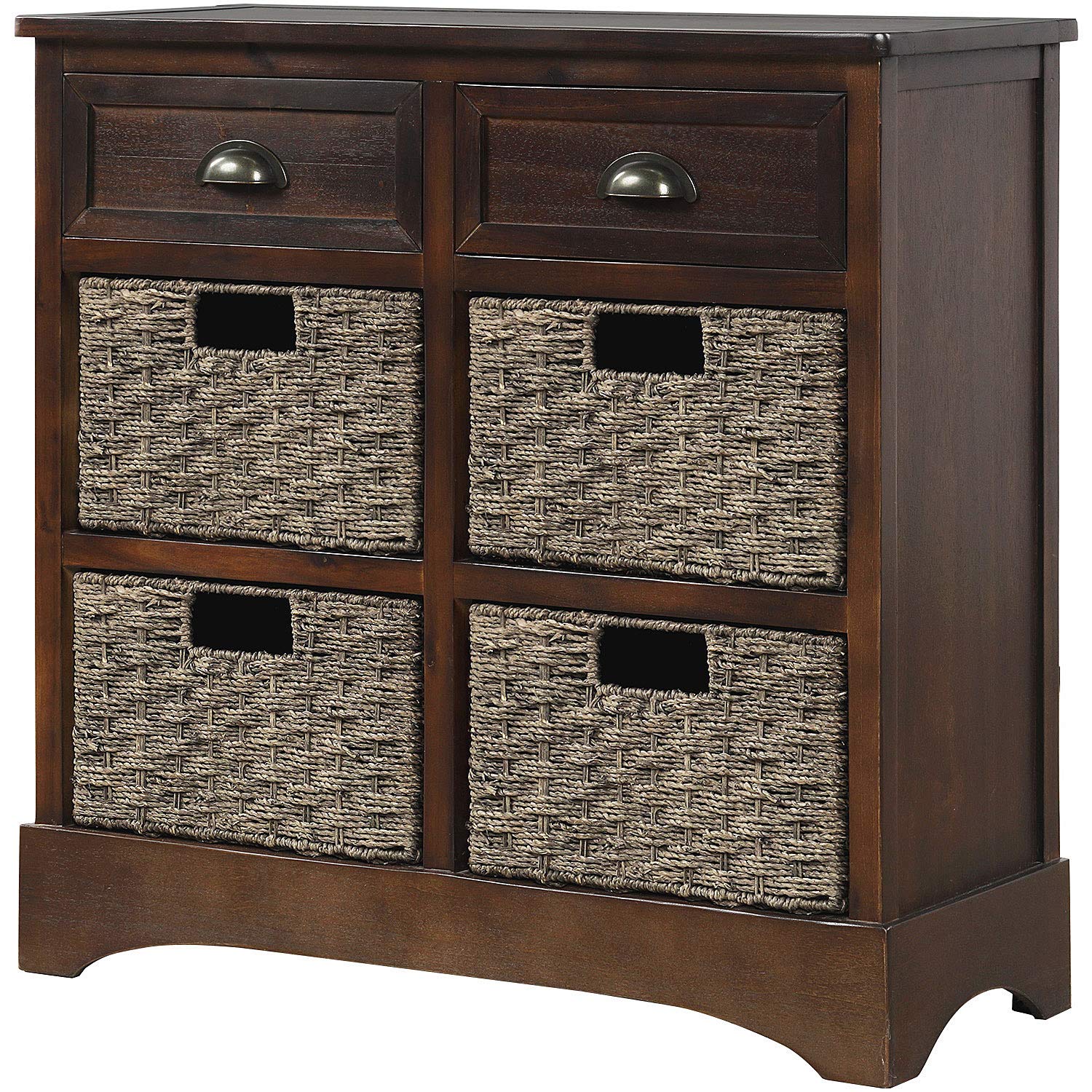 Rustic Wood Storage Cabinet with 2 Drawers & 4 Rattan Baskets - Espresso Finish for Dining Room, Living Room, Entryway | Farmhouse Home Organization & Decor
