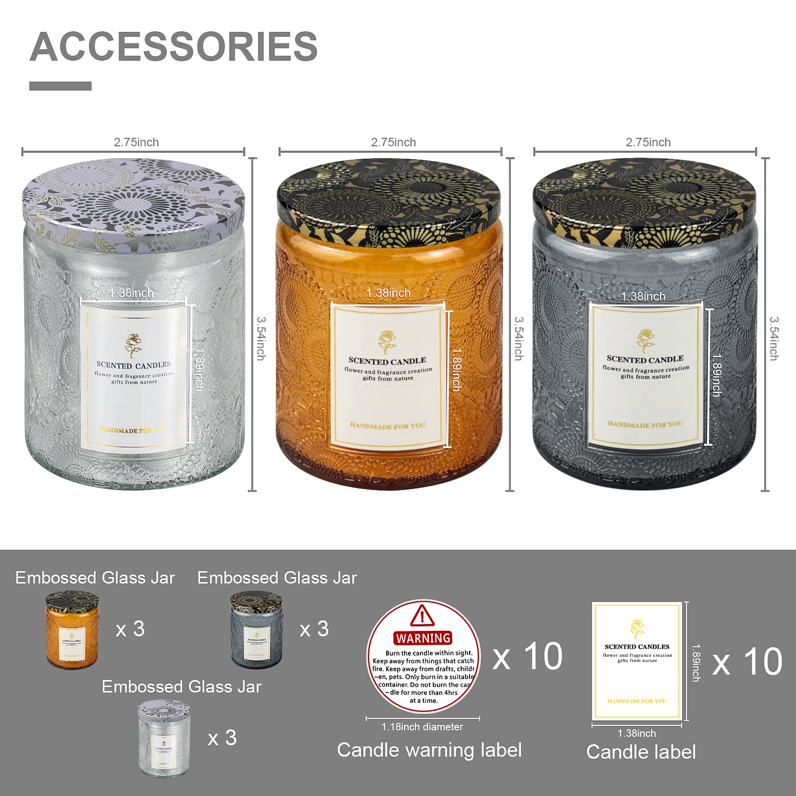 8.8OZ 9 Pack Embossed Glass Candle Jars with Tin Lids - DIY Candle Making Supplies with Warning Labels & Stickers - Perfect for Home Decor, Wedding Favors, and Craft Projects (Assorted Designs)