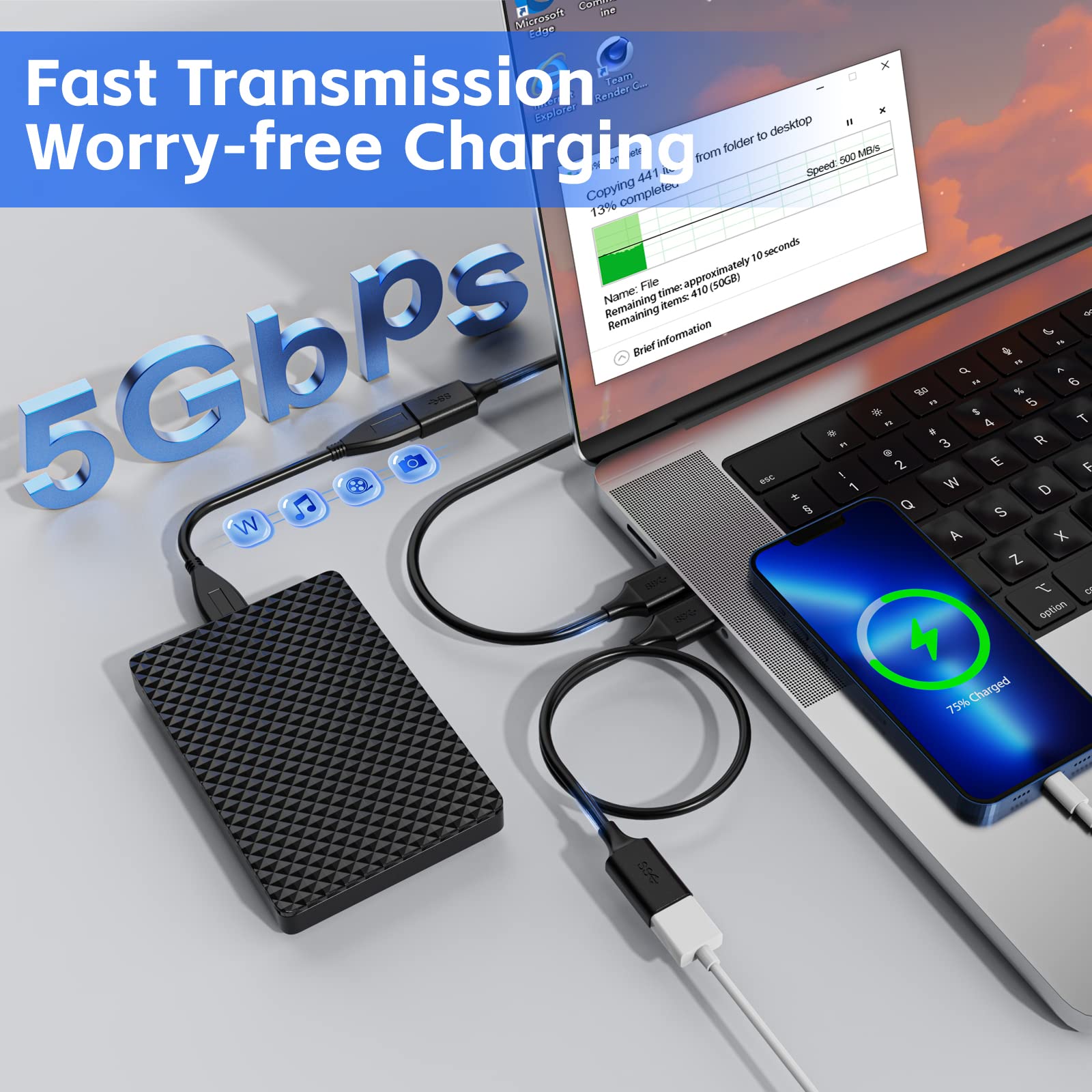 2-Pack USB 3.0 Extension Cable 1.6FT A Male to Female - High Speed Data Transfer for Flash Drives, Hard Drives, Webcams, Printers, Gaming Consoles (PS5, Xbox, VR) - Perfect for Home Office, Gaming Setup & PC Accessories