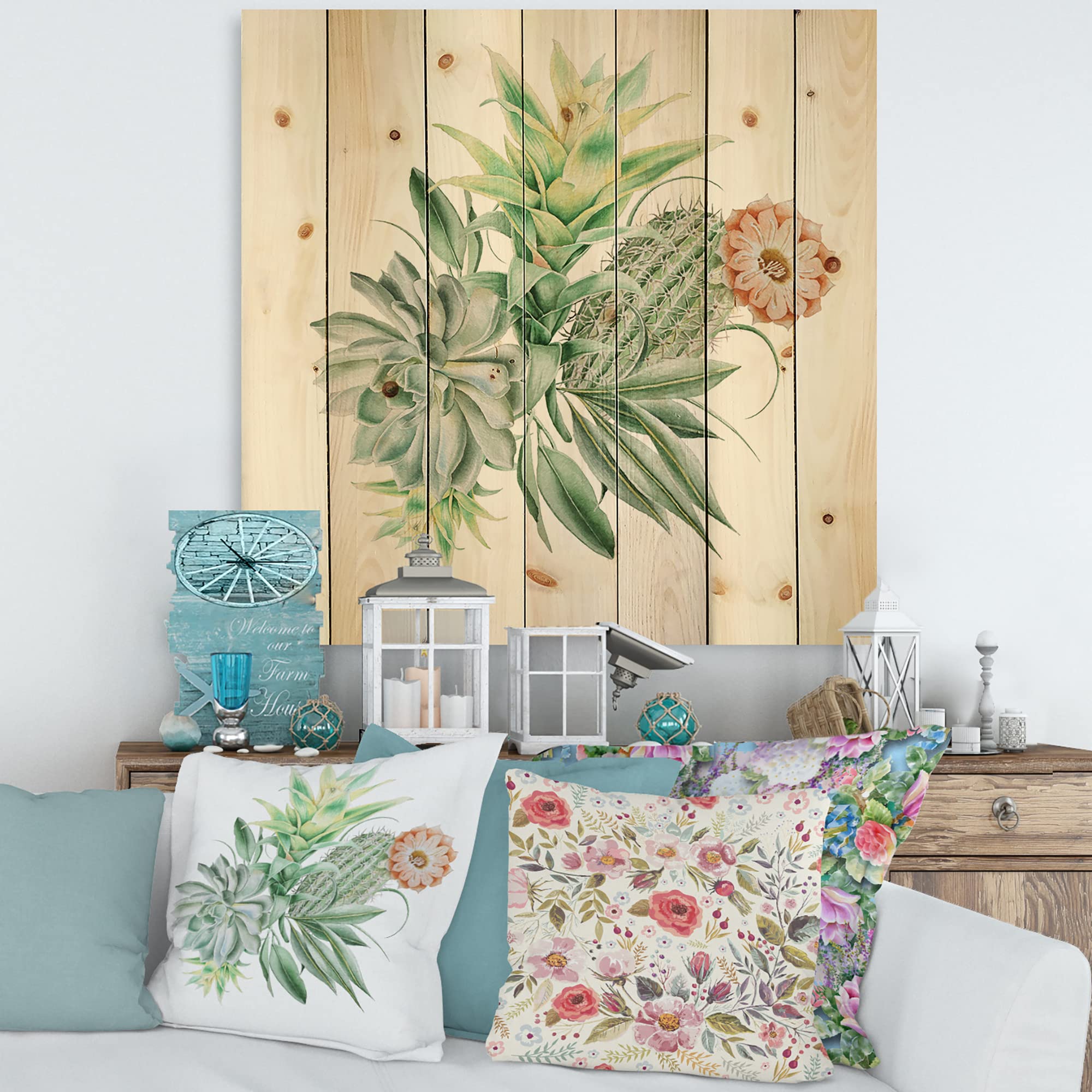 DesignQ Cactus & Succulent Bouquet Wood Wall Art - Large Floral Pine Wood Panel Decor for Living Room, Bedroom & Office - Traditional Green Botanical Wall Hanging