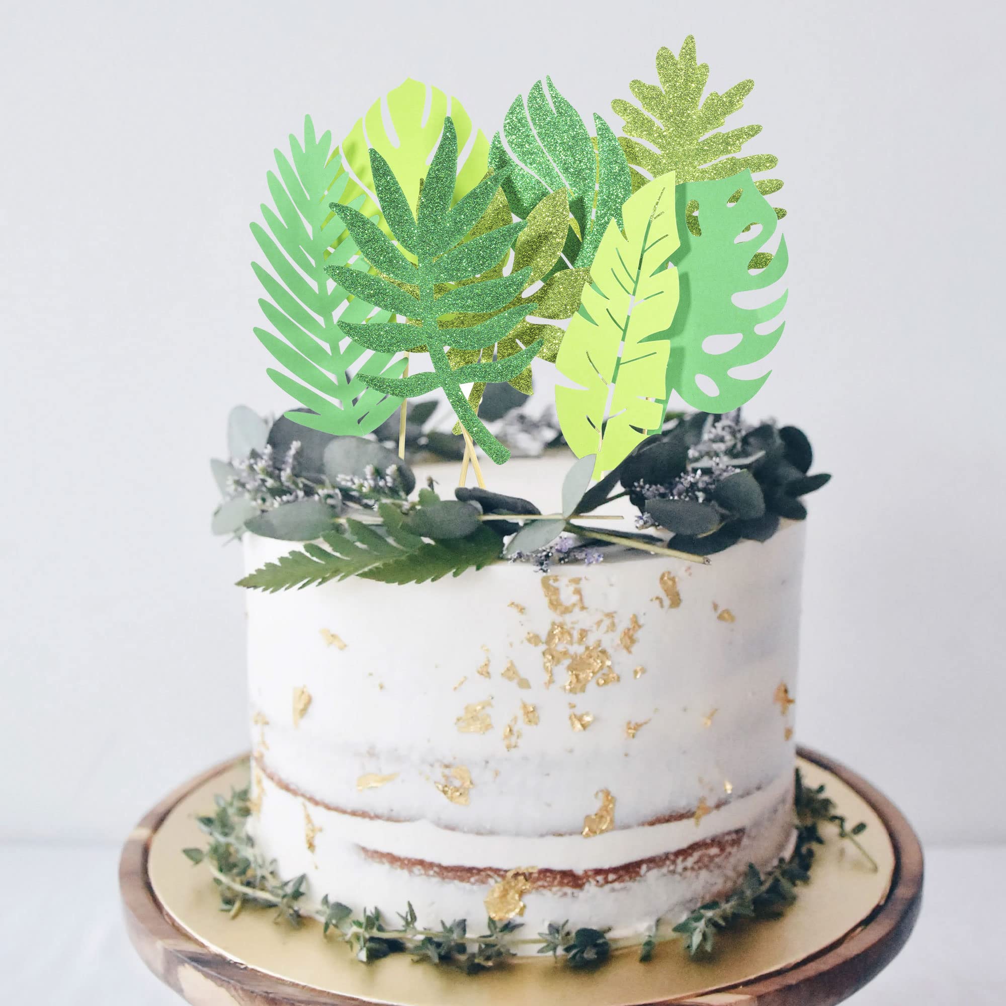 16Pcs Glitter Tropical Leaves Cake Toppers - Palm Leaf & Greenery Wedding Cake Decorations for Jungle Theme Birthday Party, Safari Baby Shower, Tropical Party Decor - Perfect for DIY Cakes, Cupcakes, and Dessert Table Centerpieces