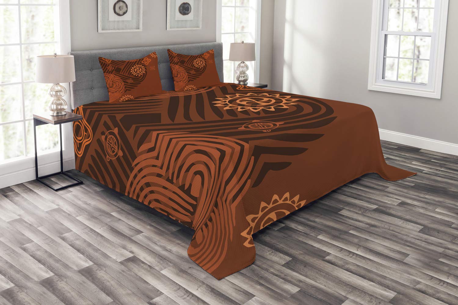 Ambesonne Earth Tones 3-Piece King Size Bedspread Set with Floral Folk Pattern - Brown Orange Peach Bedding Coverlet & 2 Pillow Shams for Bohemian Bedroom Decor | Perfect for Master Bedroom, Guest Room & Cozy Home Styling