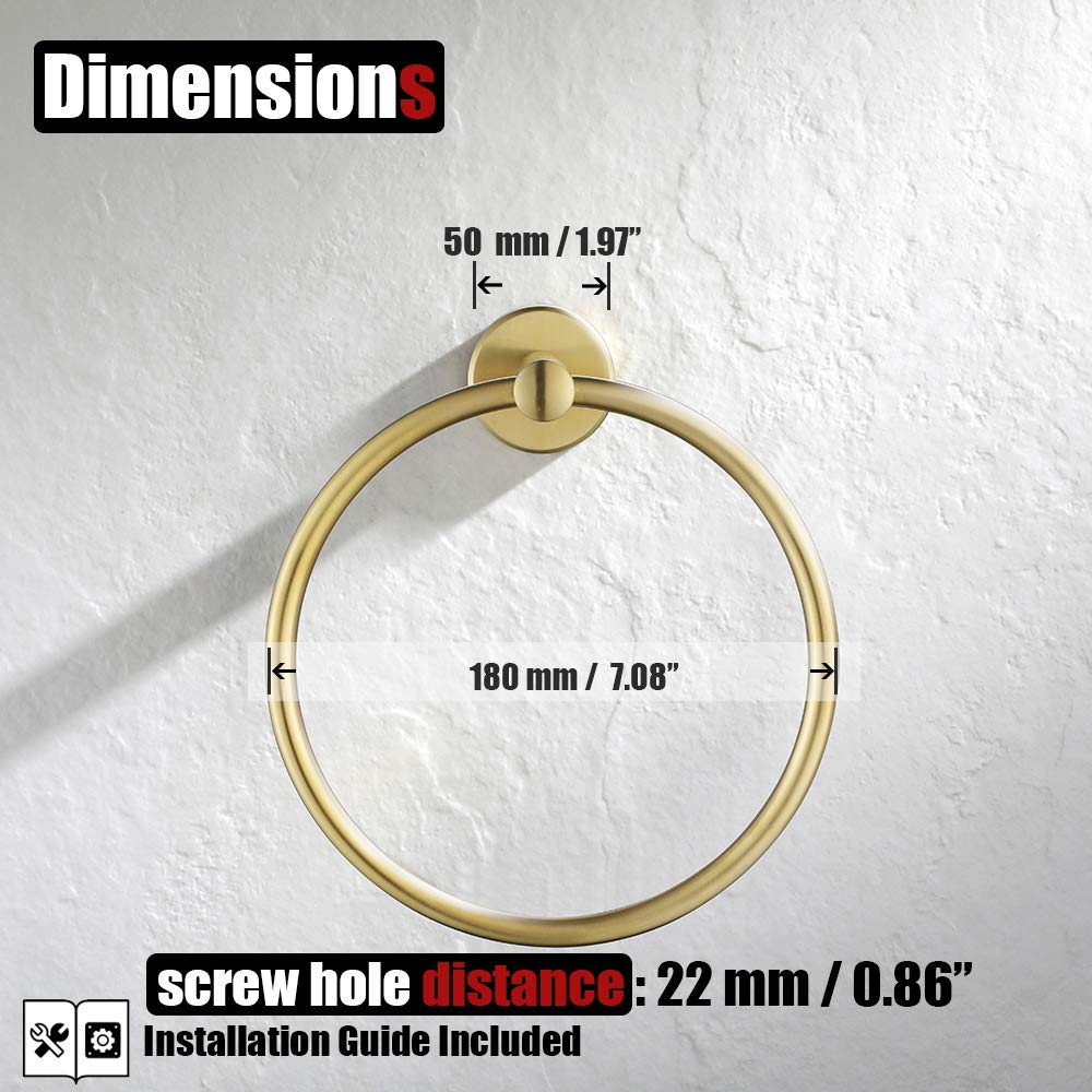JQK Brass Gold Towel Ring - 304 Stainless Steel Bathroom Hand Towel Holder - Wall Mounted Brushed Gold Finish (TR130-BG) - Perfect for Modern Bathroom & Powder Room Decor