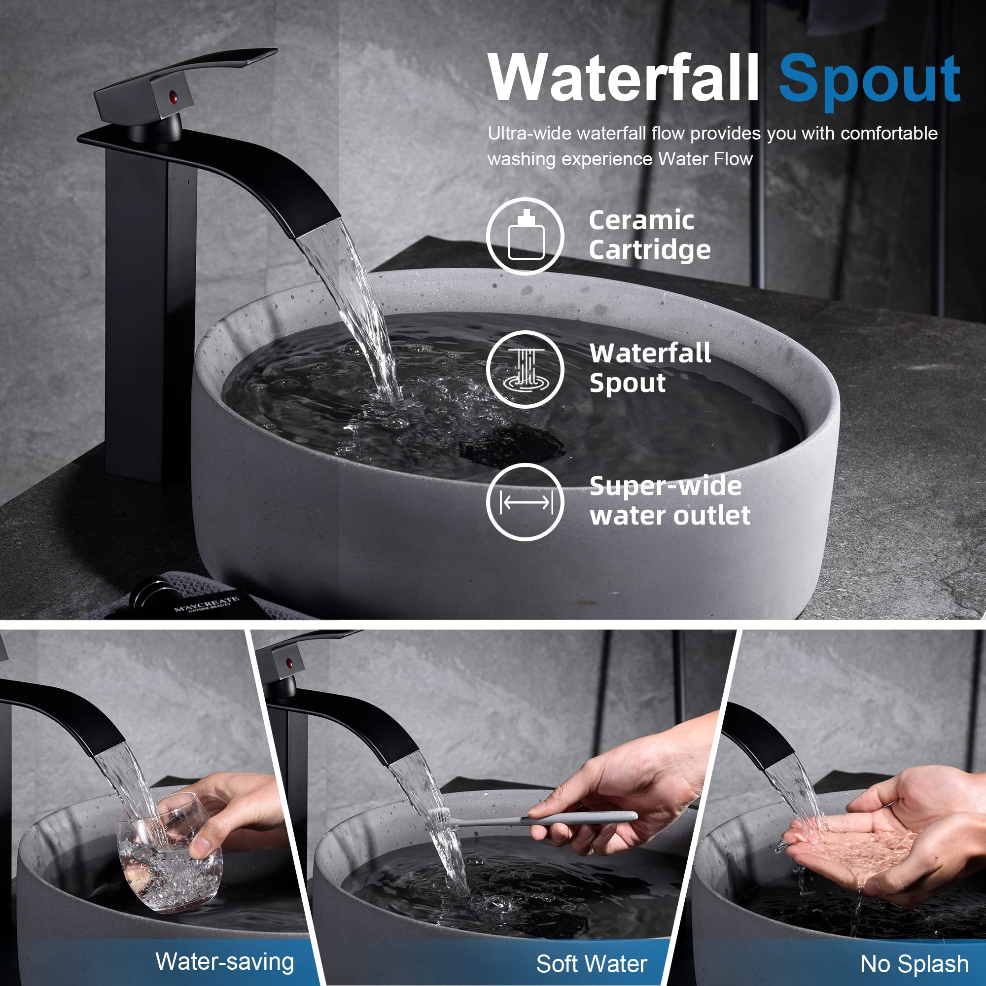 PHICHI Matte Black Tall Vessel Sink Faucet with Pop-up Drain - Single Hole Bathroom Faucet for Wash Basin - Premium Stainless Steel Design - Perfect for Modern Vanities, Luxury Bathrooms & Spa Retreats