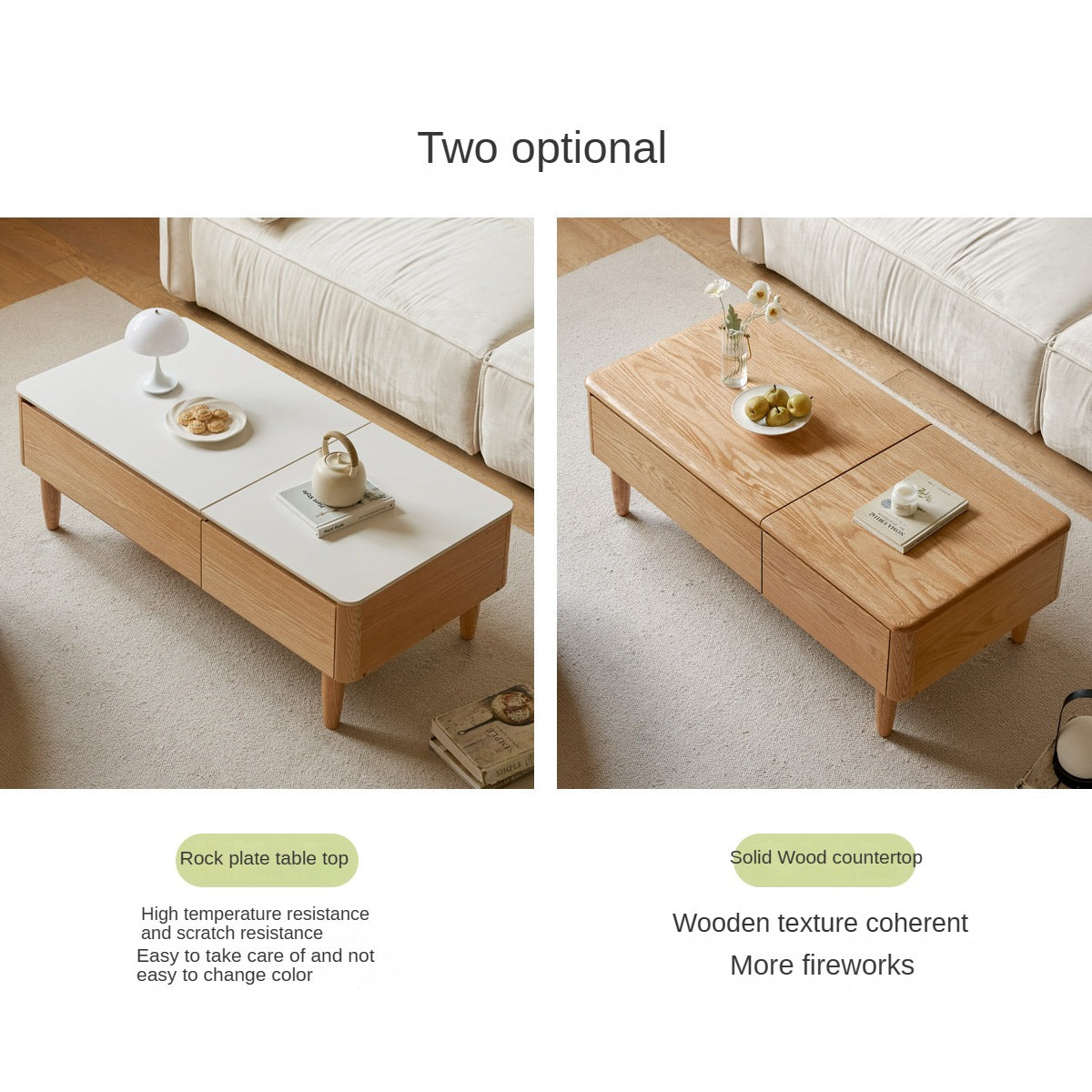 Solid Oak Wood Modern Lift-Top Coffee Table with Slate Surface - Perfect for Living Room, Home Office, and Small Spaces