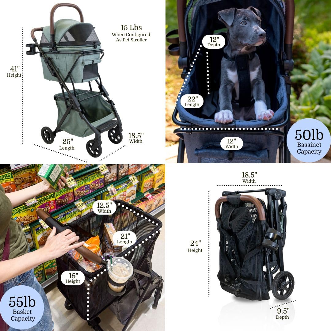 Premium Pet Stroller & Folding Shopping Cart with Lightweight Aluminum Frame - Removable Bassinet & Shopping Bag for Small to Medium Dogs & Cats (Blue) - Perfect for Park Walks, Shopping Trips & Vet Visits