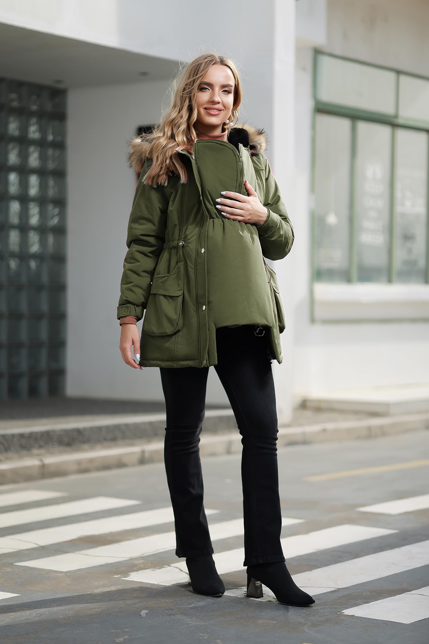 Maacie Women's Maternity 3-in-1 Thickened Fleece Lined Winter Coat with Hood - Warm Winter Jacket for Pregnant Women - Perfect for Outdoor Activities, Shopping and Daily Wear
