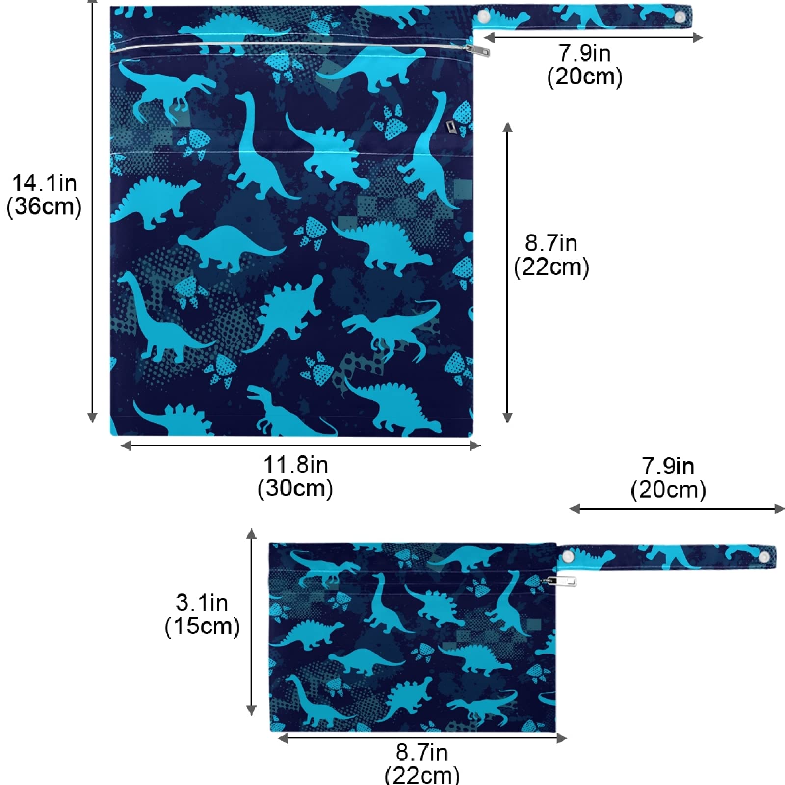 Visesunny Blue Dinosaur Print 2-Pack Waterproof Wet Bags with Zipper Pockets - Reusable & Washable Travel Organizer for Swimsuits, Diapers, Gym Clothes | Perfect for Beach, Pool, Daycare, Stroller & Toiletries Storage