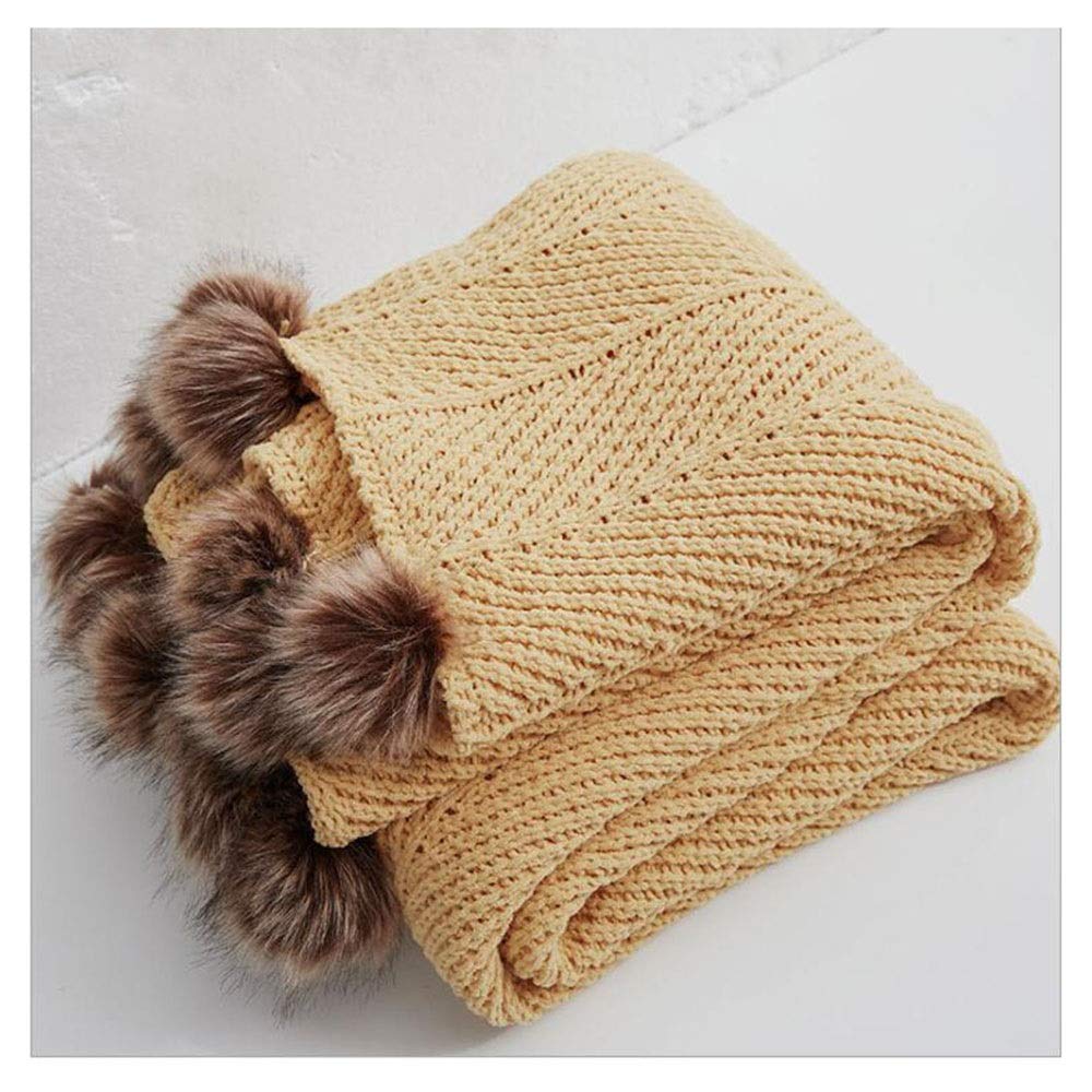 Soft & Cozy FUFU Pom Pom Throw Blanket - 100% Cotton Handmade Knit Blanket for Sofa, Bed, Couch & Office - Decorative Cable Knit Blanket with Pom Pom Trim - All-Season Warmth (Yellow) - Perfect for Lounging, Netflix Nights & Home Decor