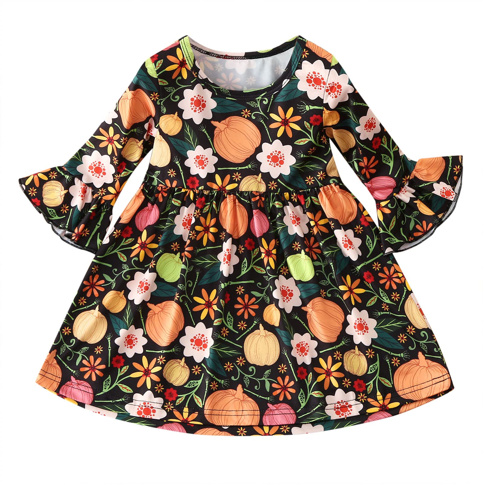 Halloween Princess Toddler Dress for Girls - Floral Pumpkin White Flare Sleeve Baby Dress & Shoes Set (Size 3) | Perfect for Halloween Costume Parties, Trick-or-Treating & Photo Shoots