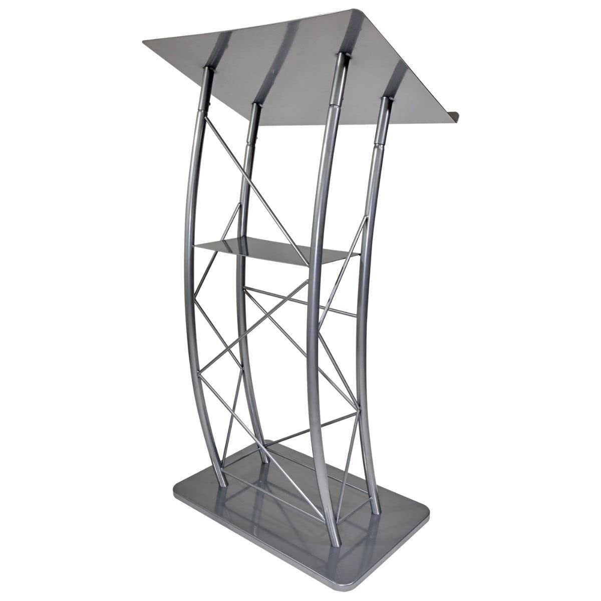 Kingdom KML2S Large Curved Lectern with Shelf - Silver Powder Coat Metal Church Pulpit, Conference Podium for Speeches, Presentations, Weddings, and Corporate Events