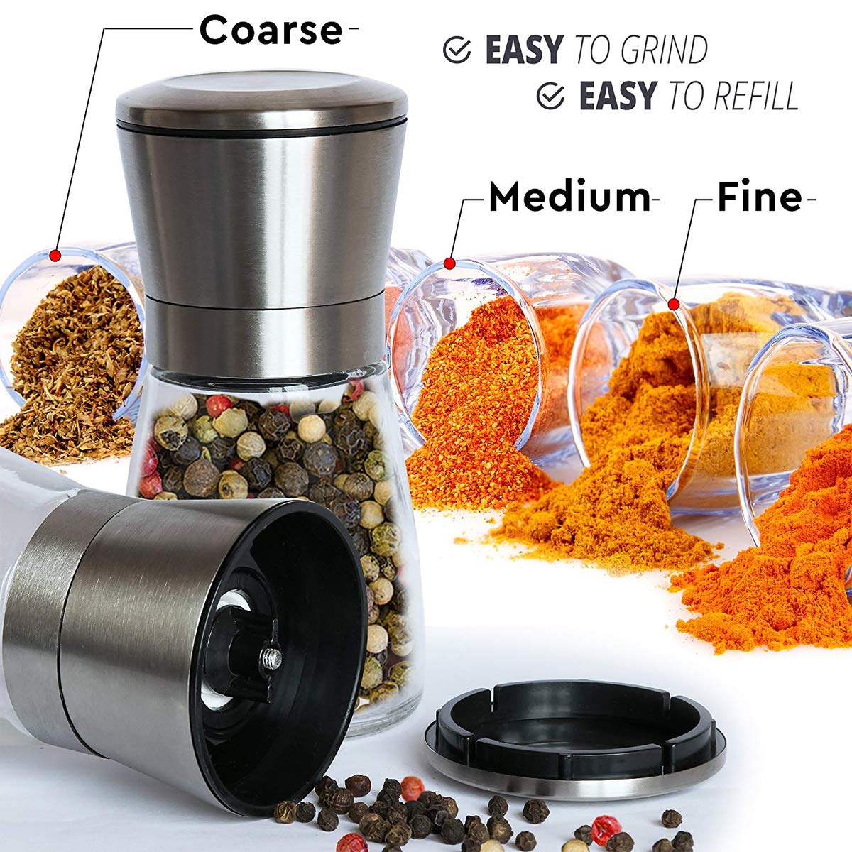 Premium Stainless Steel Salt and Pepper Grinder Set - Adjustable Coarseness, Refillable Glass Shakers for Himalayan Salt & Black Peppercorns with Bonus Stand - Perfect for Kitchen, Dining Table & Gourmet Cooking