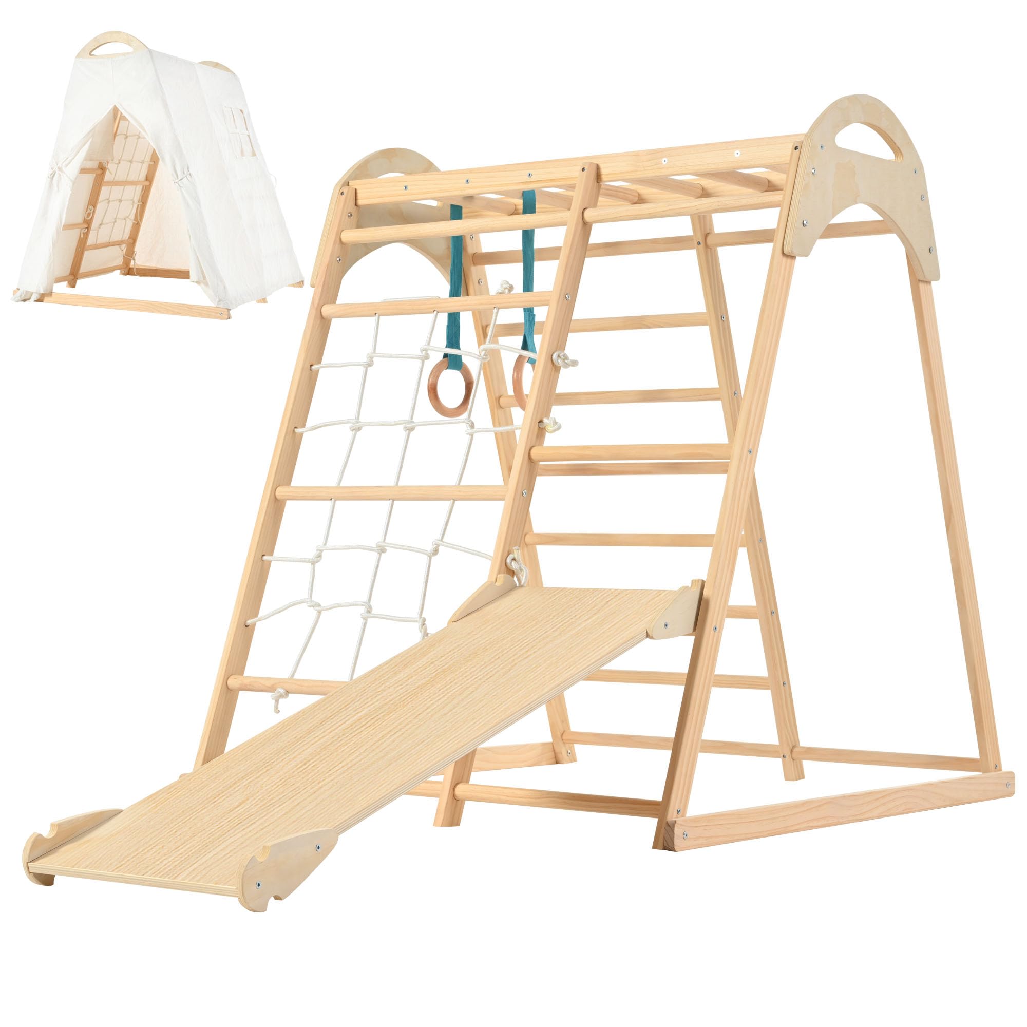 OLLIKIVI Wooden Jungle Gym Indoor Playground - Montessori Climber Playset with Tent, Slide, Gymnastics Rings & Climbing Net for Toddlers Ages 1-6 | Perfect for Home Playrooms, Daycares & Preschools
