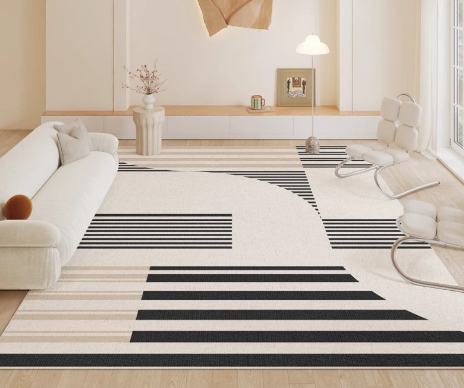 Contemporary Modern Rugs - Black Stripe Abstract Design for Living Room, Bedroom & Dining Room - Soft Non-Slip Area Rug for Home Decor & Office Spaces