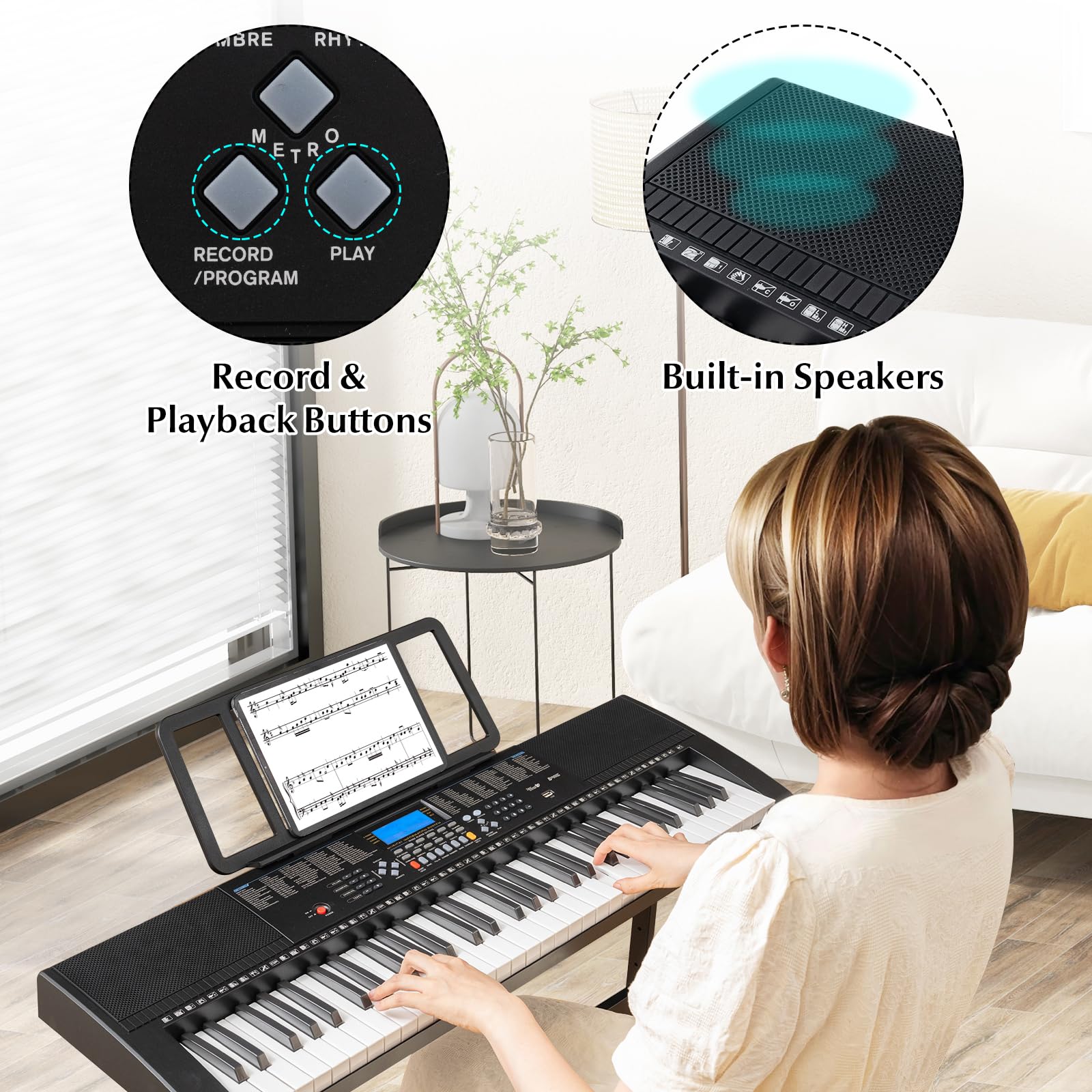 HONEY JOY 61-Key Electronic Keyboard Piano with Lighted Keys - 600 Tones, 400 Rhythms, Built-In Speakers - Complete Kit Includes Stand, Bench & Headphone/Microphone - Perfect for Beginners & Home Practice (Black) - Ideal for Music Lessons, Family Entertainment & Personal Learning