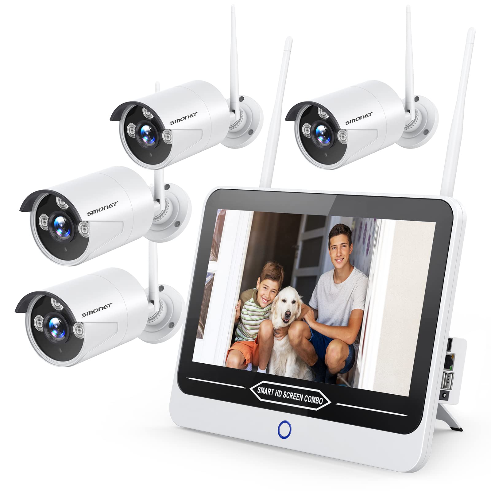SMONET 8 Channel Wireless Security Camera System with 12” Monitor - 4pcs 3MP Indoor/Outdoor IP Cameras, Night Vision, NVR Surveillance (No Hard Drive) for Home & Business Security