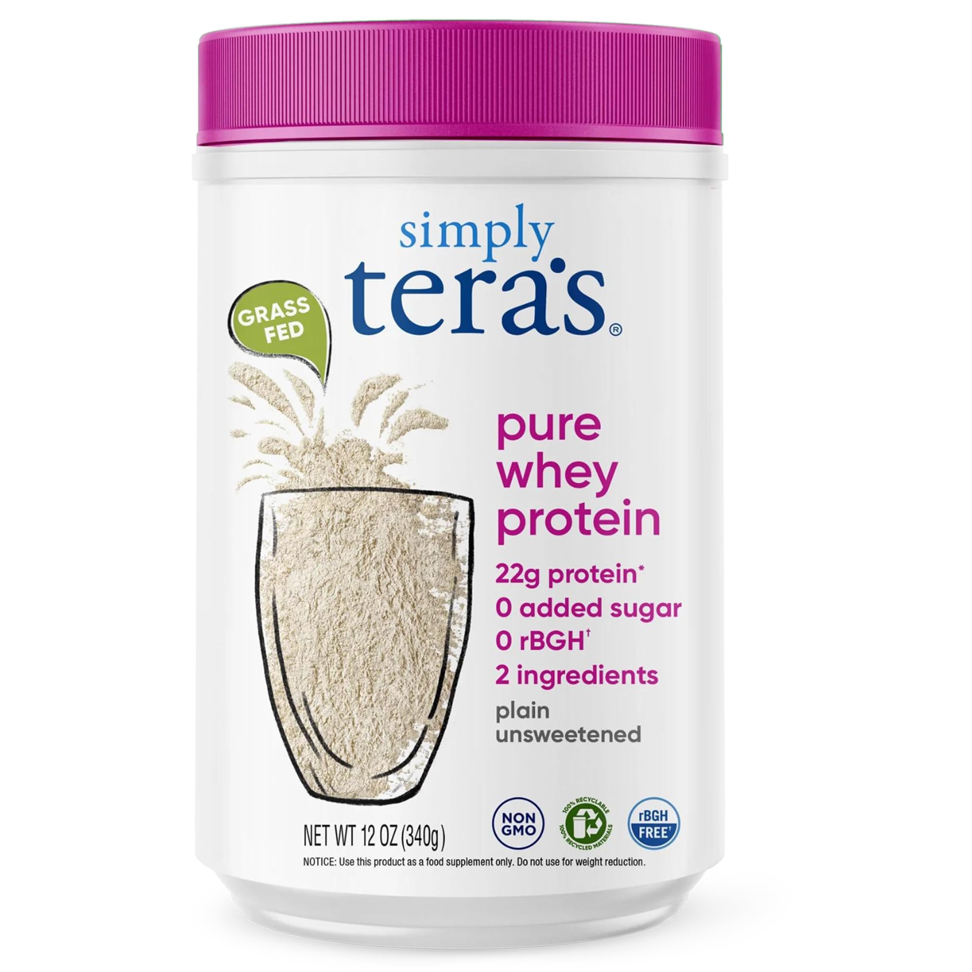 Simply Tera's Grass-Fed Pure Whey Protein Powder - Unflavored, Non-GMO, Kosher, Unsweetened Clean Protein Supplement (12 Oz) - Ideal for Post-Workout Recovery, Muscle Building & Healthy Lifestyle