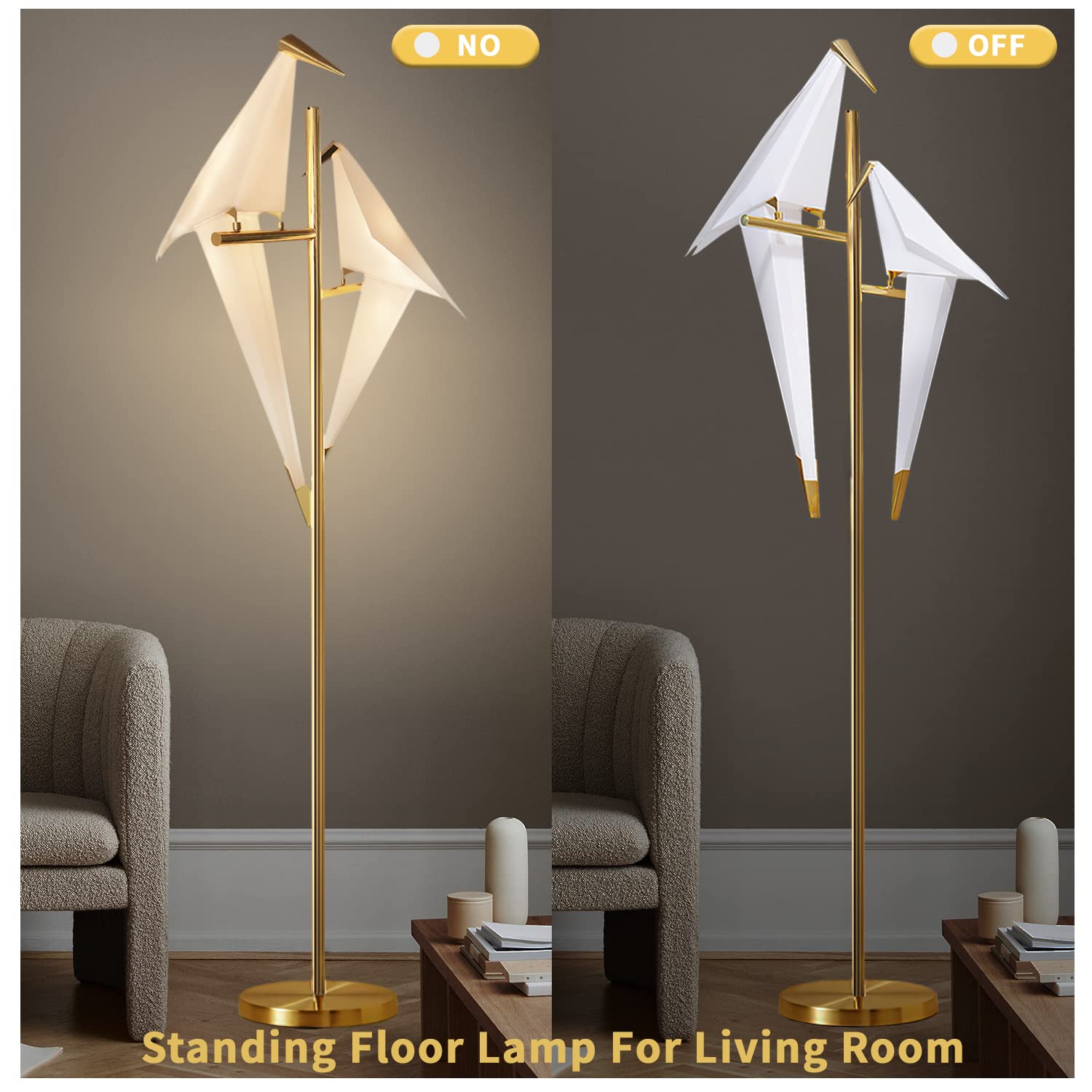 Modern LED Floor Lamp with 2 Birds - 72 Inch Gold Metal Fixtures for Living Room, Bedroom, Dining Room & Office - Adjustable Brightness for Ambient Lighting & Reading