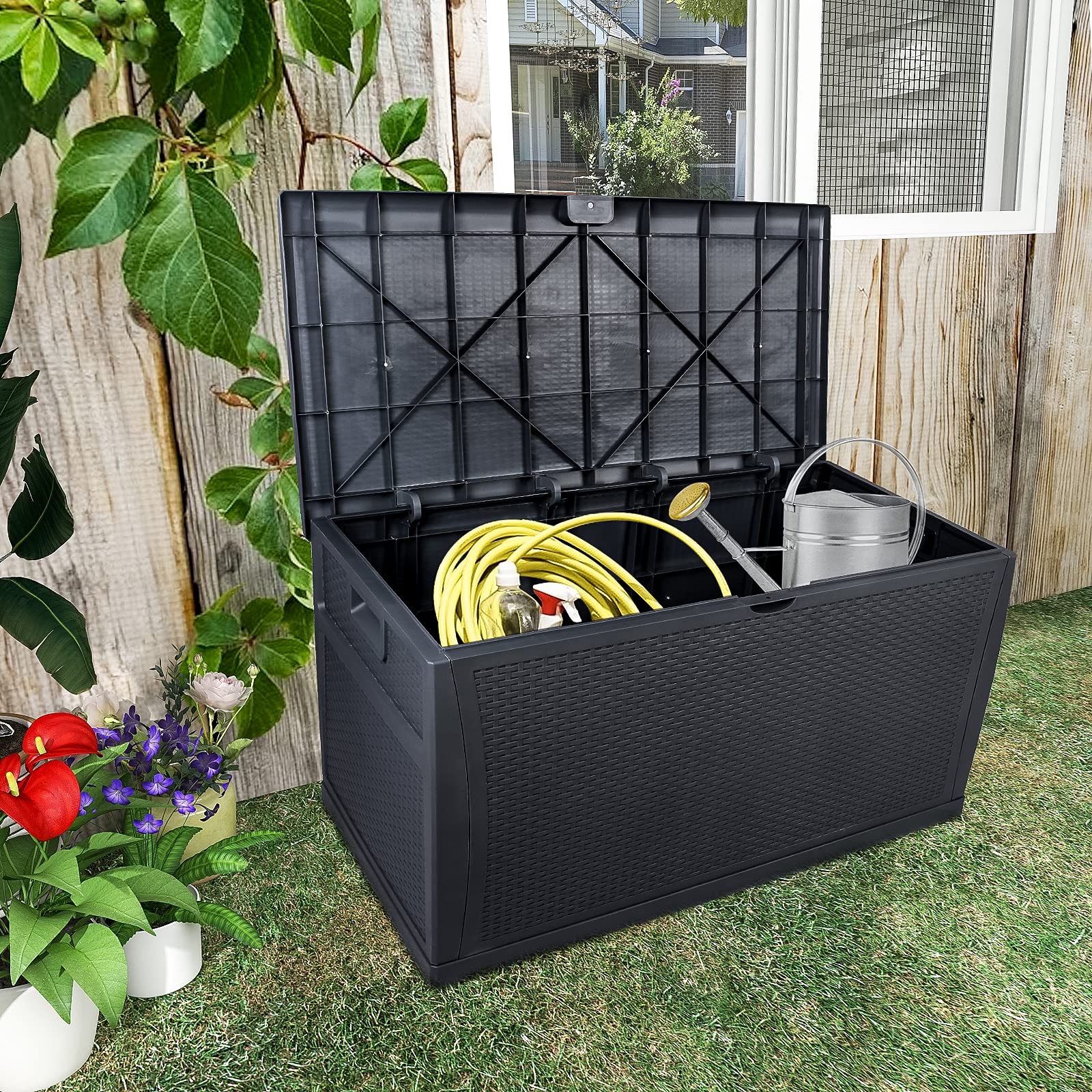 **HomVent 120 Gallon Waterproof Outdoor Storage Box - Deck Box for Patio Cushions, Furniture, Garden Tools & Pool Toys - Durable Black Storage Container for Backyard, Poolside & Garden Organization**