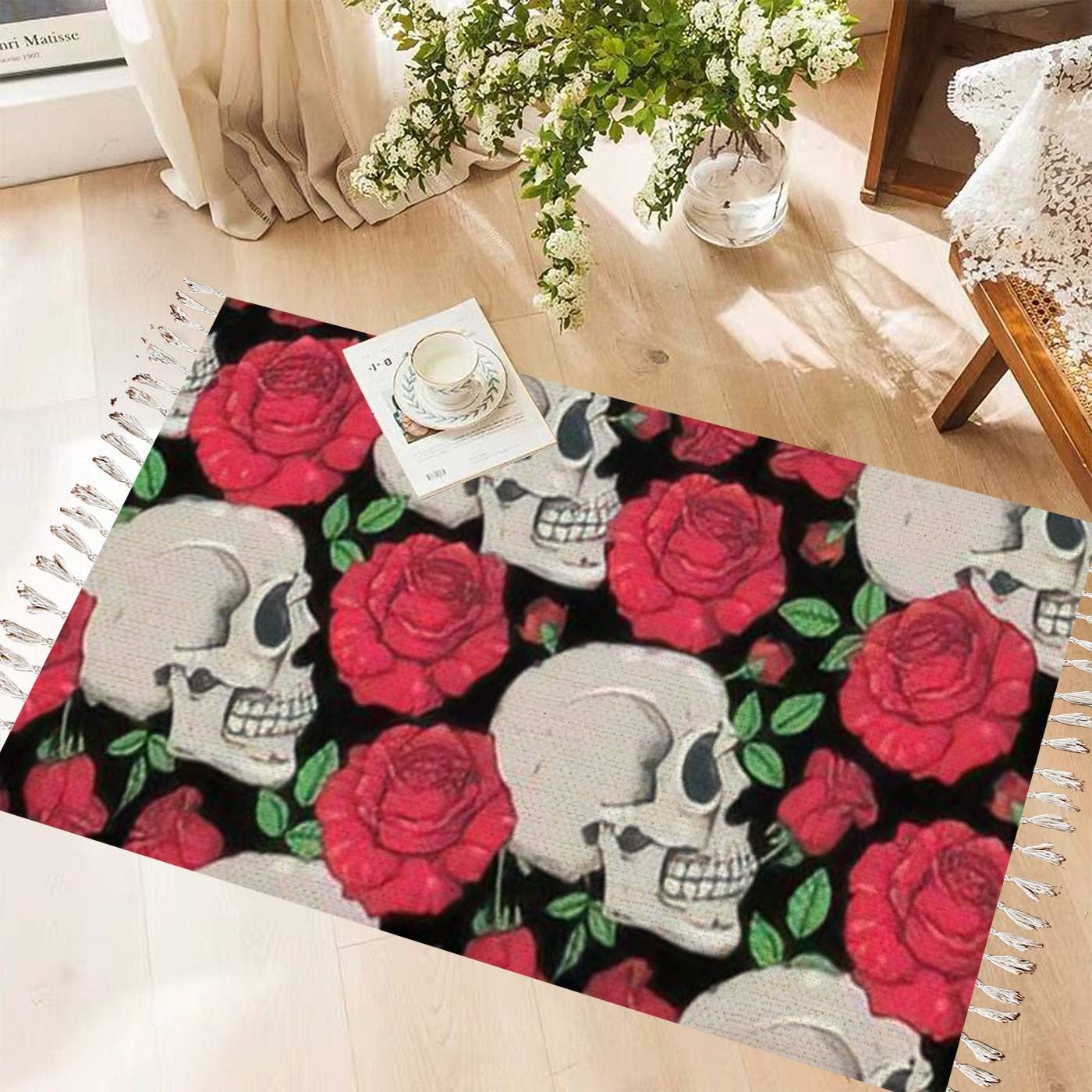Boho Area Rug with Hand-Drawn Skull & Roses Design - Washable Cotton Linen Meditation Carpet - Non-Slip Hallway Runner Mat for Bedroom, Bathroom, Nursery - Perfect for Bohemian Decor, Yoga Spaces & Cozy Home Accents