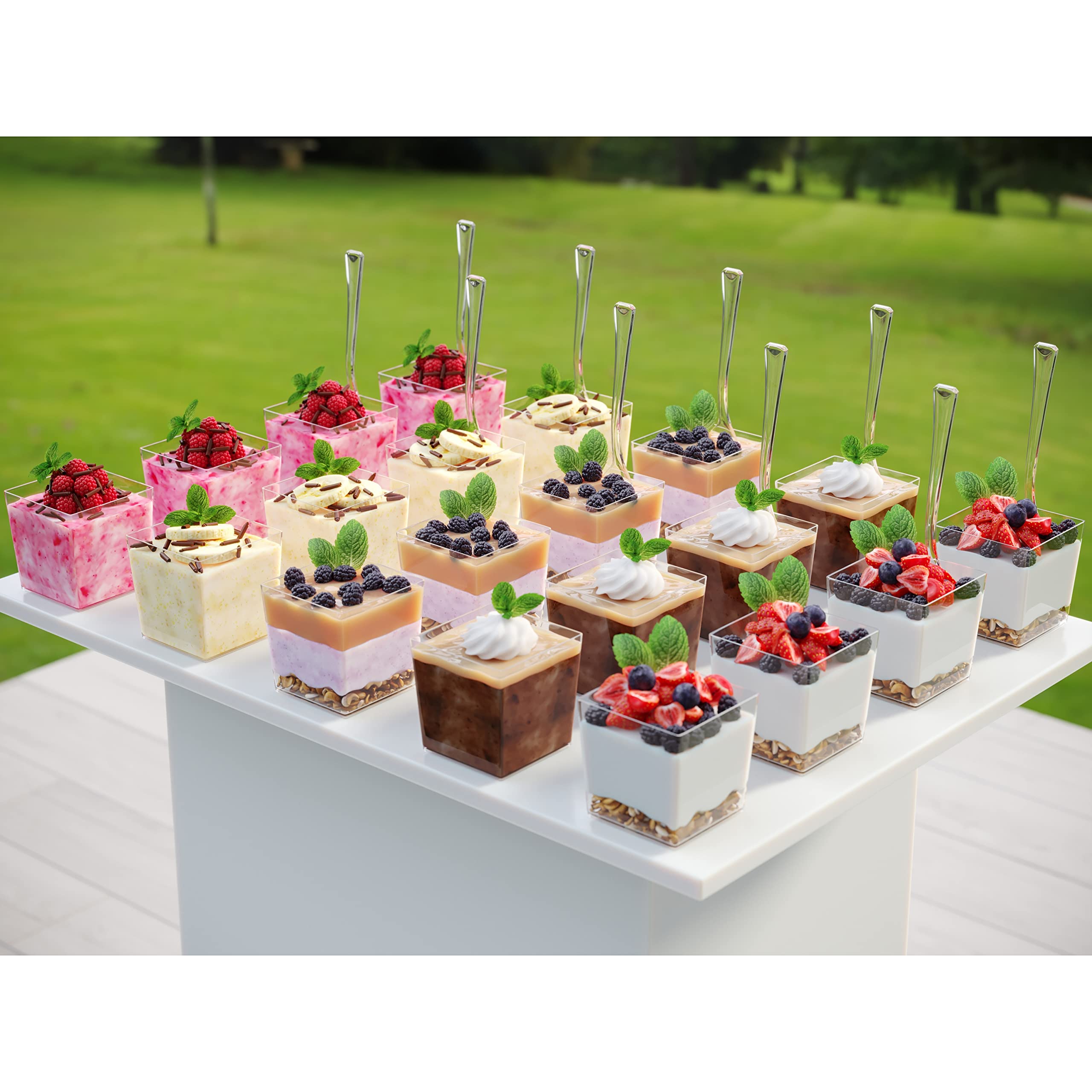 200 Pcs 3.6 Oz Disposable Square Plastic Dessert Cups with Mini Spoons - Elegant Mini Parfait & Appetizer Cups for Parties, Weddings, Catering, and Dessert Tastings | Perfect for Ice Cream, Pudding, Fruit Salads, and Cocktail Garnishes