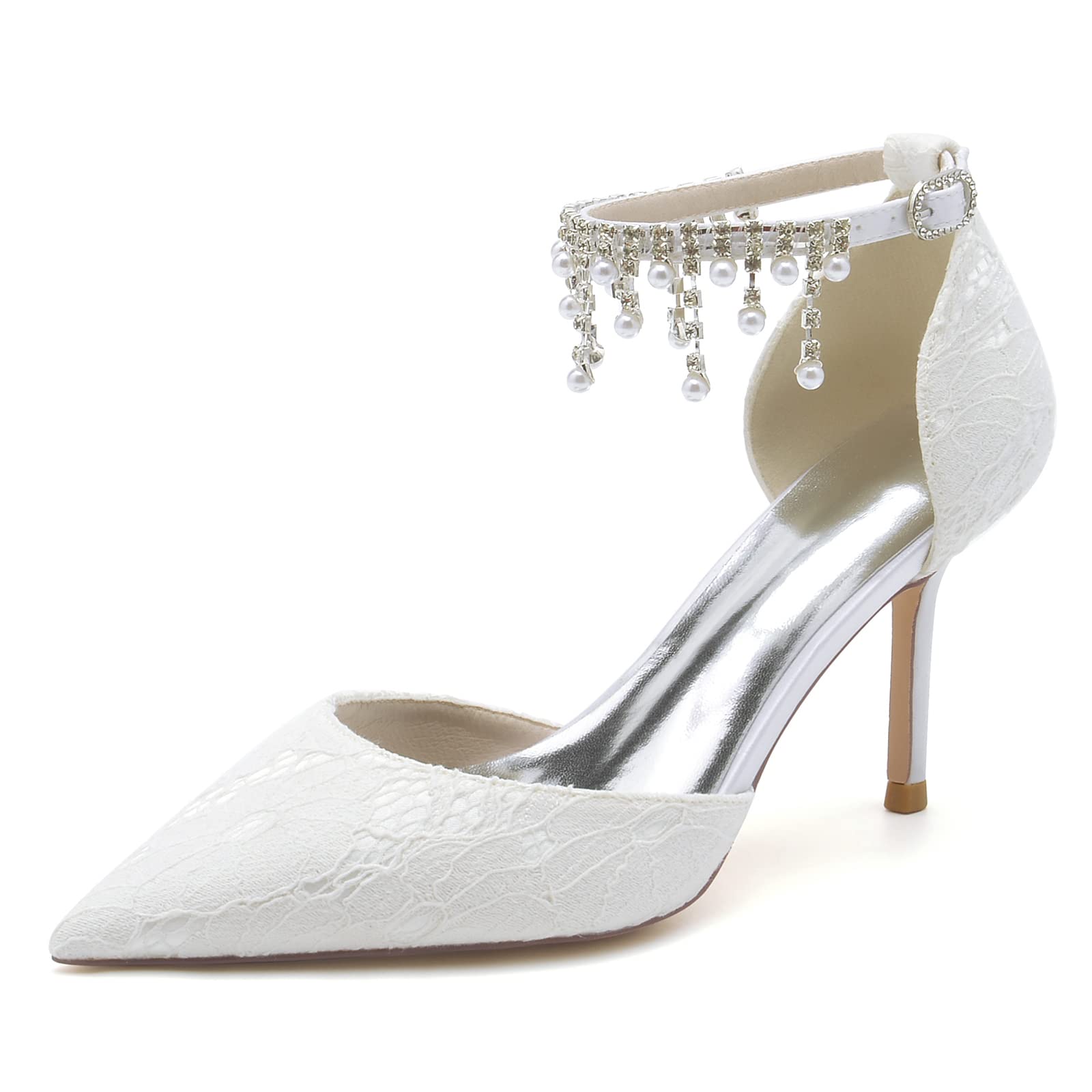 TNXZ Women's Pointed Toe High Heels - 8.5Cm Ankle Strap Lace Wedding Shoes for Bride, Prom, Party & Evening Dress | Elegant Court Shoes & Sandals for Special Occasions, Date Night & Formal Events