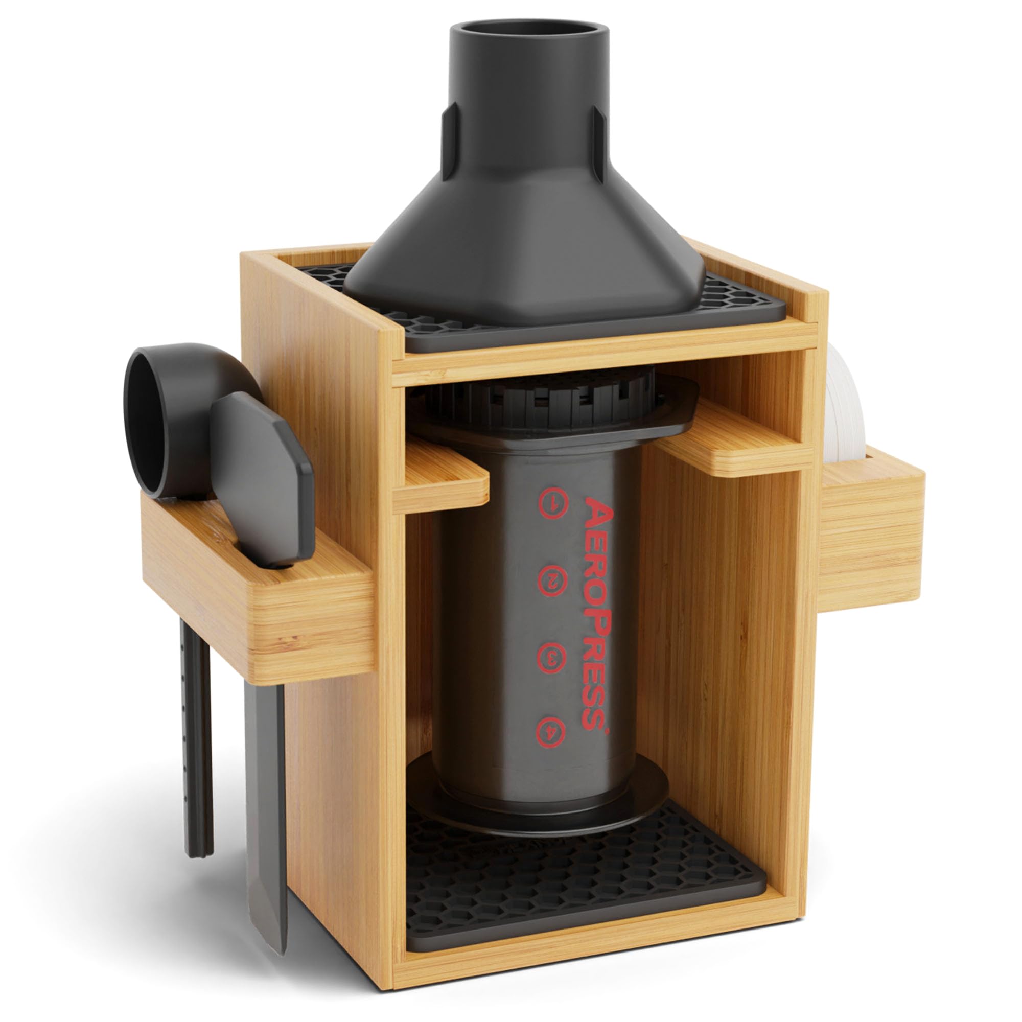 HEXNUB Compact AeroPress Organizer Stand - Bamboo Coffee Caddy for AeroPress Coffee Maker with Accessories, Filters & Cups - Includes Non-Slip Mats (Black) - Perfect for Home, Office & Travel Coffee Brewing