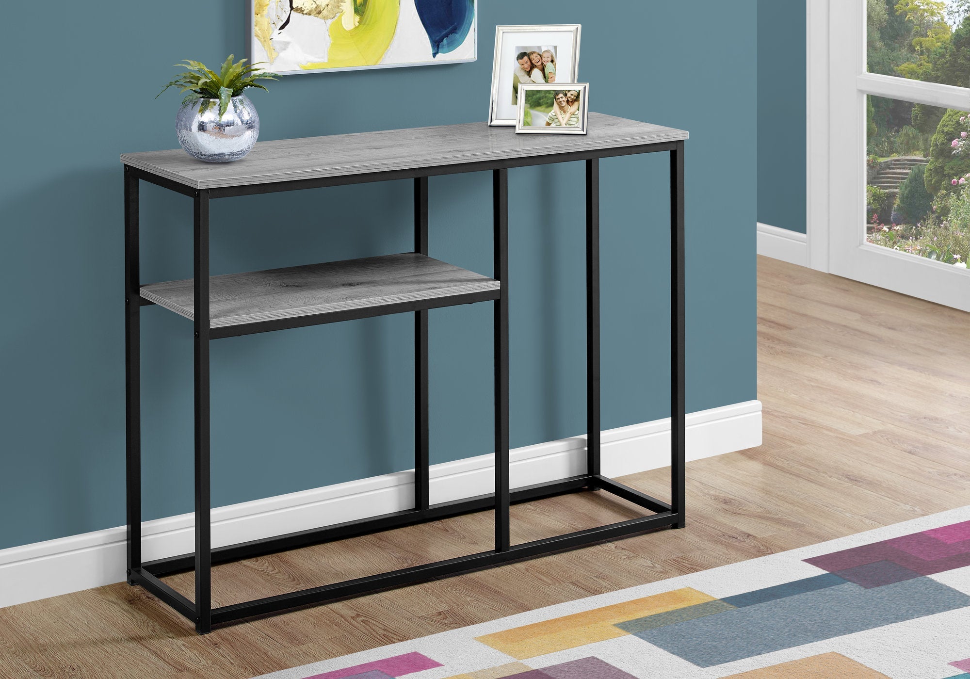 42L Grey & Black Metal Accent Table - Modern Hall Console for Entryway, Living Room & Bedroom Decor