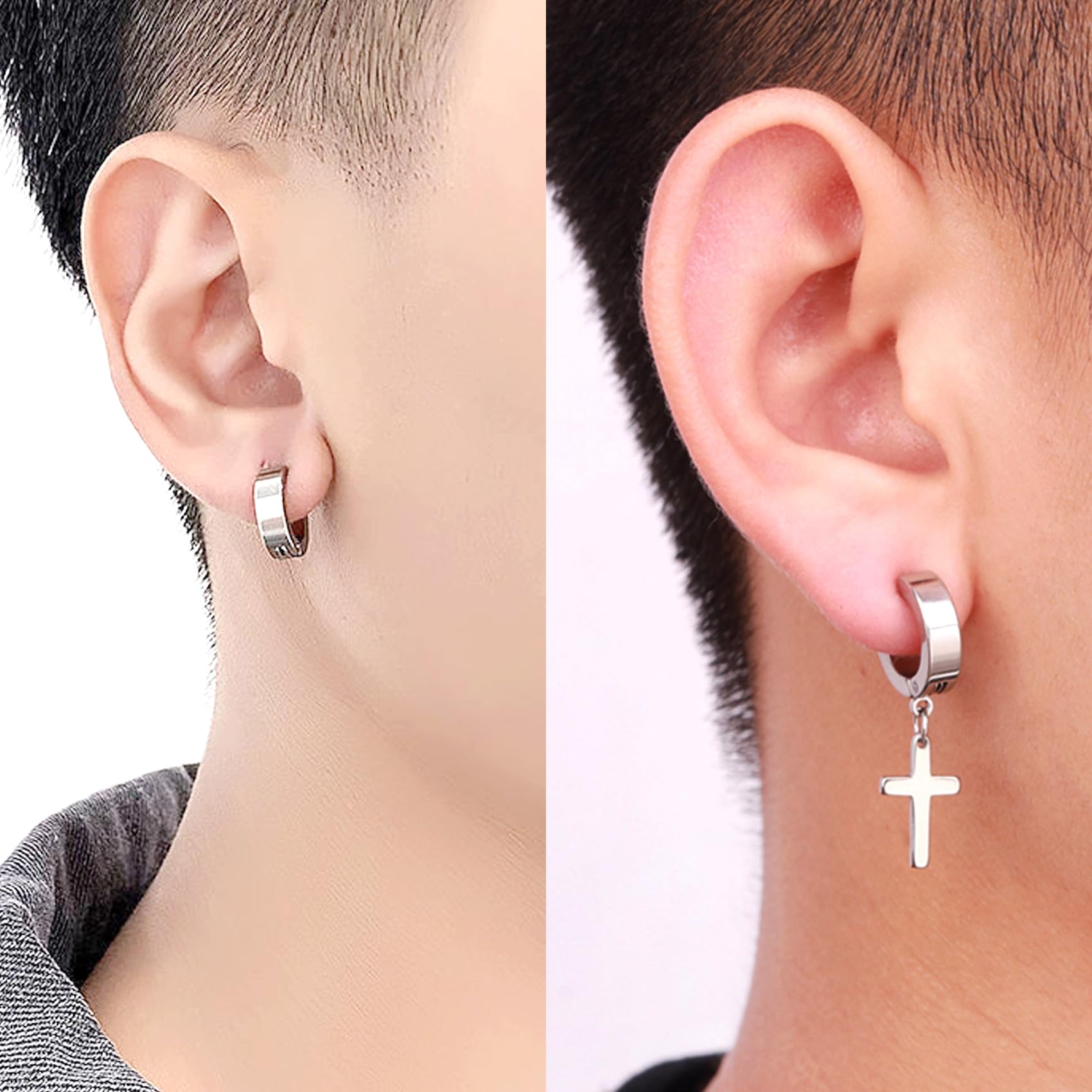 17 Pairs Stainless Steel Earrings for Men - Hypoallergenic Cross, Dangle & Hoop Earrings Set for Sensitive Skin - Long-Lasting Shine Fashion Jewelry - Perfect for Gifts, Parties and Everyday Wear