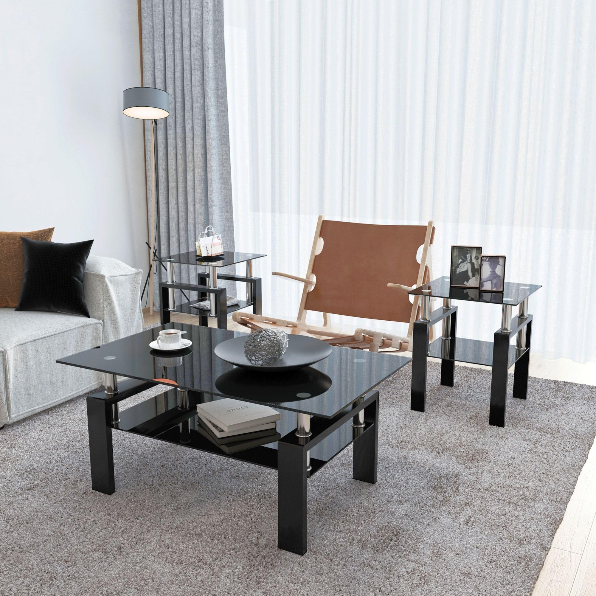 IANIYA 3-Piece Modern Tempered Glass Coffee Table Set - Black Living Room Furniture with Sleek Design & High Capacity - Perfect for Small Spaces, Apartments, and Contemporary Home Decor