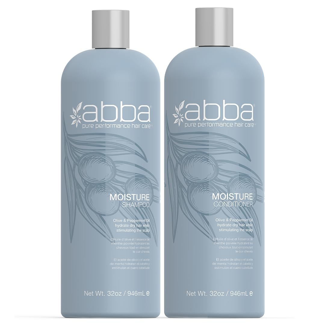 ABBA Pure Moisture Shampoo & Conditioner Set with Olive Butter & Peppermint Oil - 32 fl oz Each - Hydrating Hair Care for Dry & Damaged Hair - Salon Quality Products for Daily Use & Professional Styling