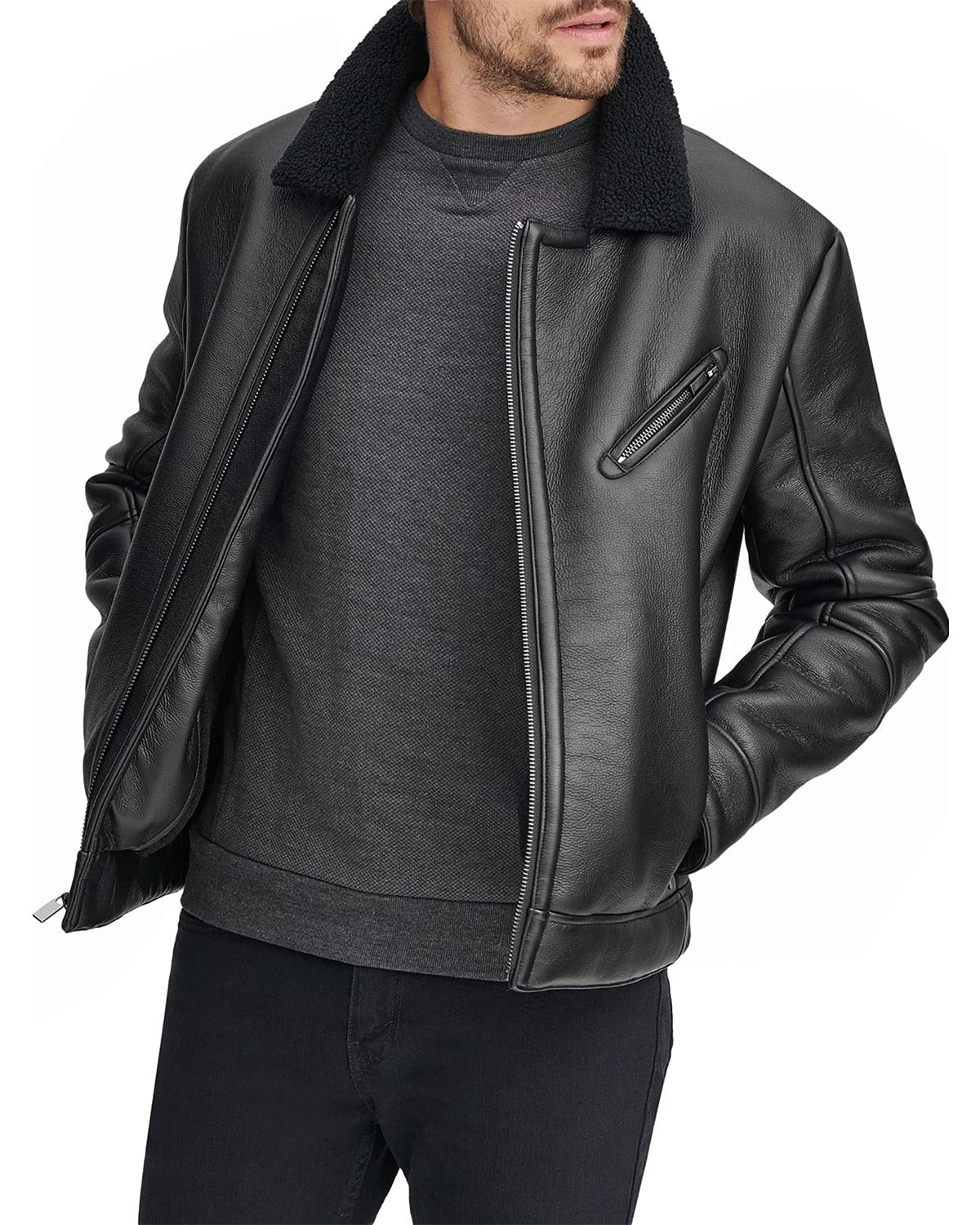 Andrew Marc Men's Faux Leather Sherpa Lined Jacket - Winter Warm Coat for Outdoor Activities & Casual Wear