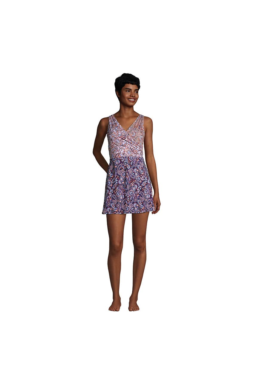 Lands' End Women's Mastectomy Chlorine Resistant Tummy Control Surplice Wrap Swim Dress One Piece Swimsuit - Perfect for Beach Vacations, Pool Parties & Water Aerobics