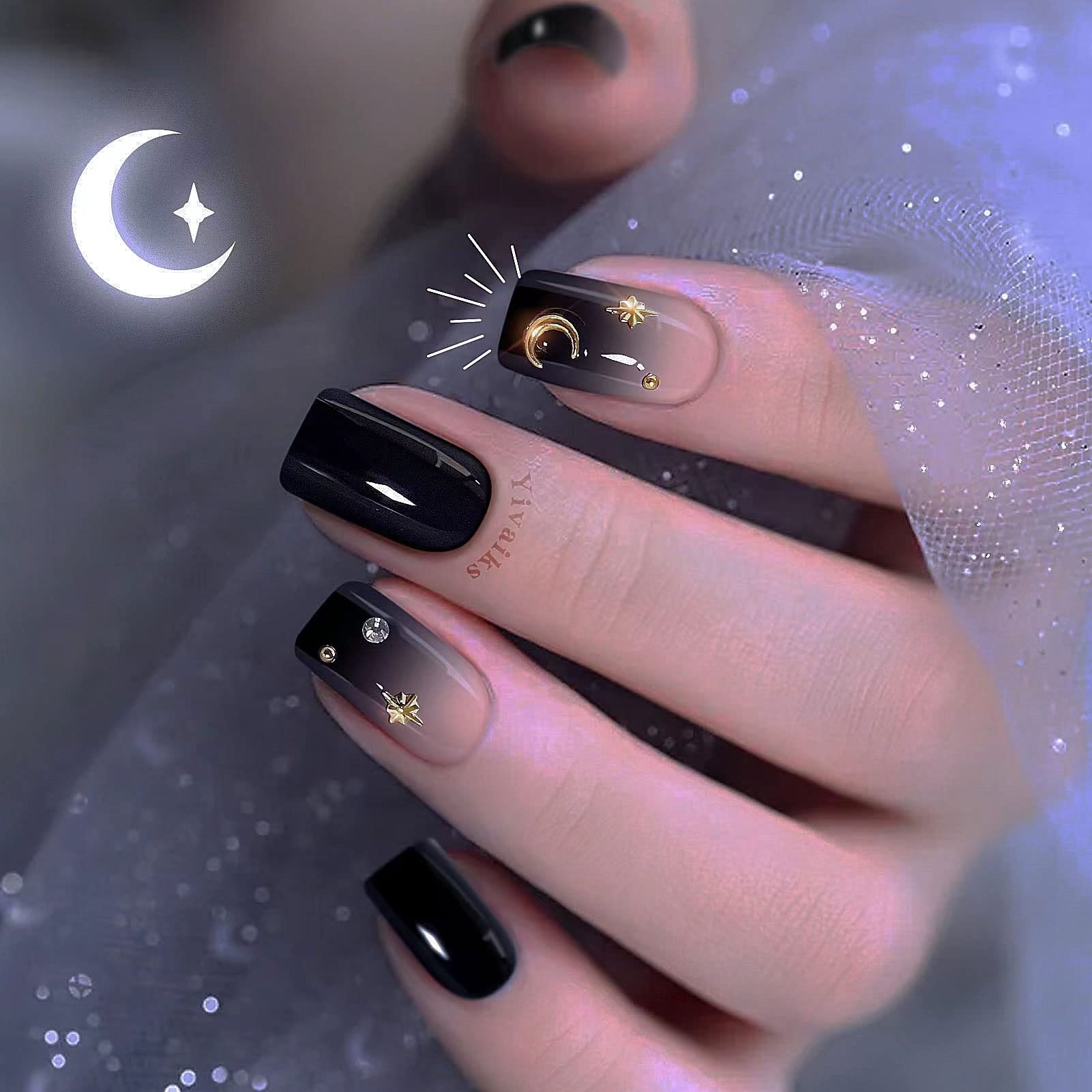 Yivaiks Black Press on Nails Short - Gothic Fake Nails with Glue, Gradient Star & Moon Design, Square False Nails for Women & Girls (24pcs) - Perfect for Halloween, Cosplay, Parties & Everyday Gothic Style