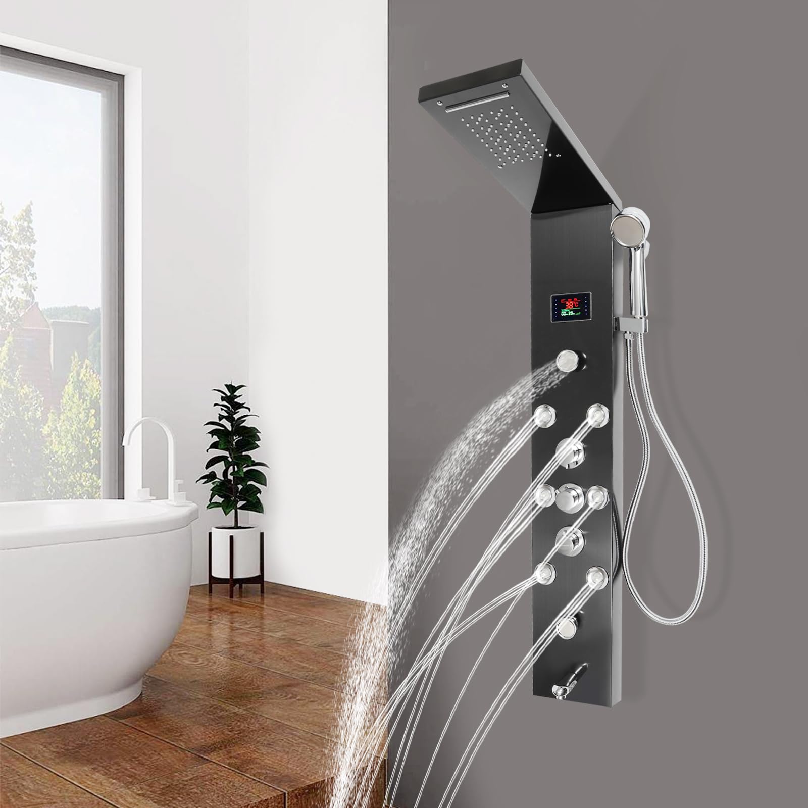 Premium Stainless Steel 6-Function Shower Panel Tower System with LED Rainfall Shower Head, Hydroelectric Display & Massage Jets - Spa-Like Bathroom Upgrade for Relaxing Rain Shower Experience