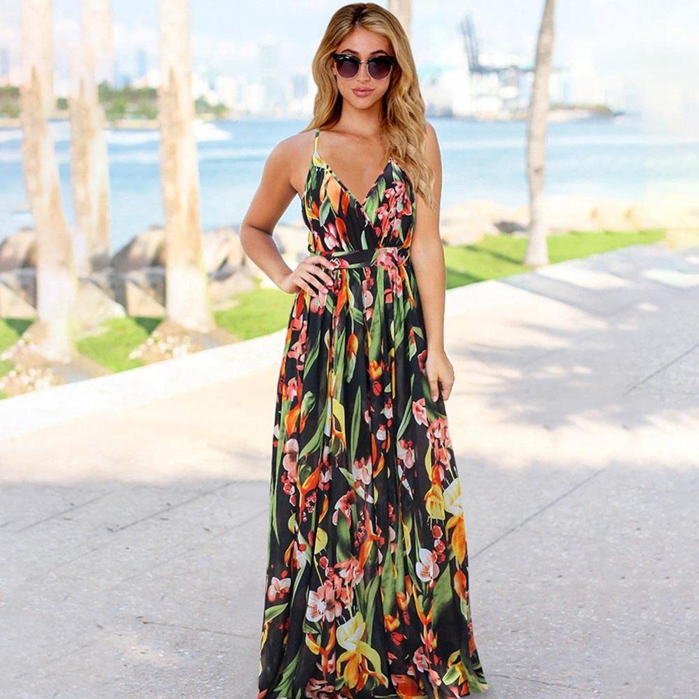Bohemian Floral Print Women's Maxi Dress - V-Neck Spaghetti Strap Long Sling Dress for Beach Vacation, Summer Party & Casual Outings