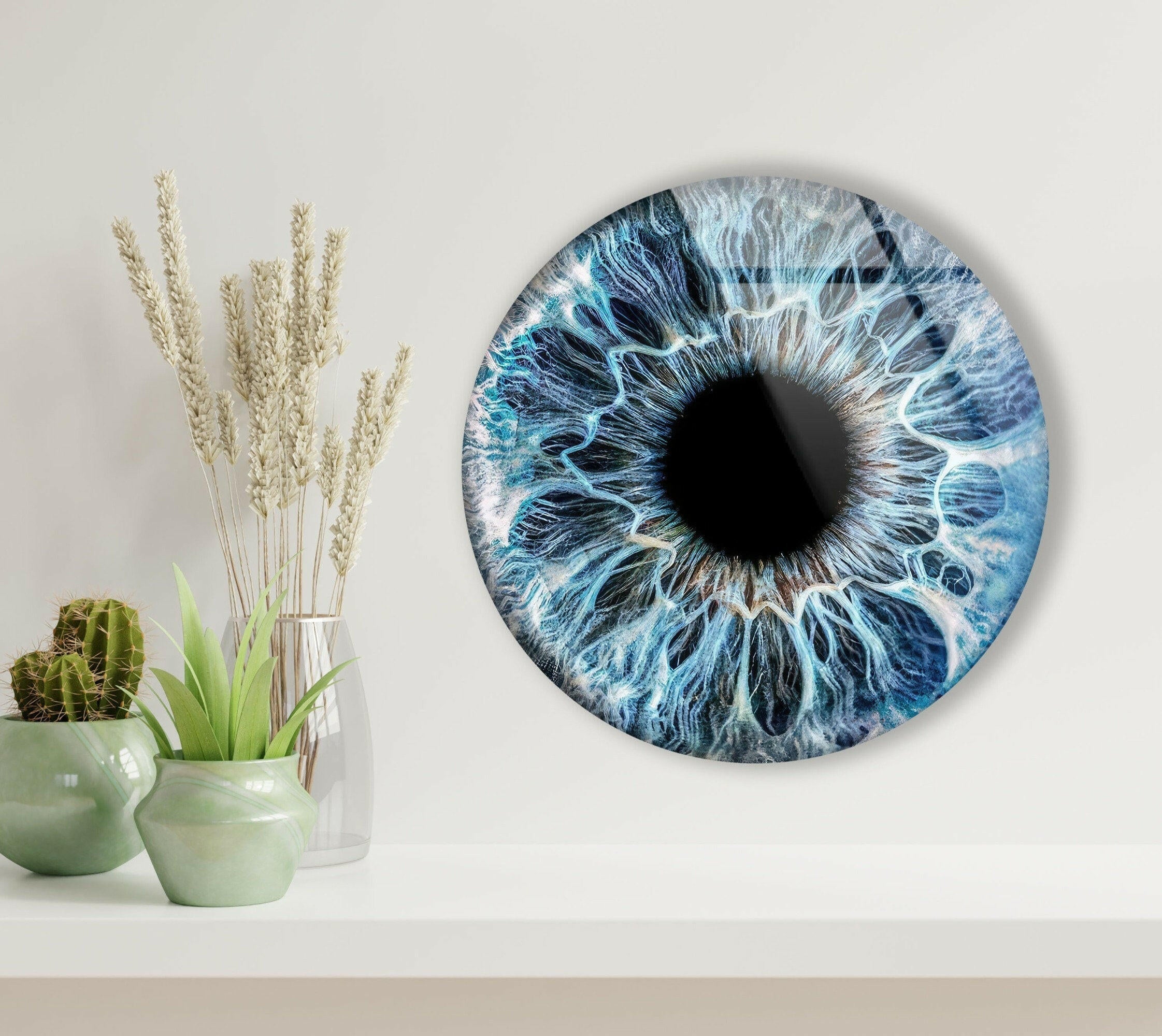 Blue Eye Round Glass Wall Art Decor - Handmade Bohemian Style Hanging Decoration for Living Room, Bedroom & Office