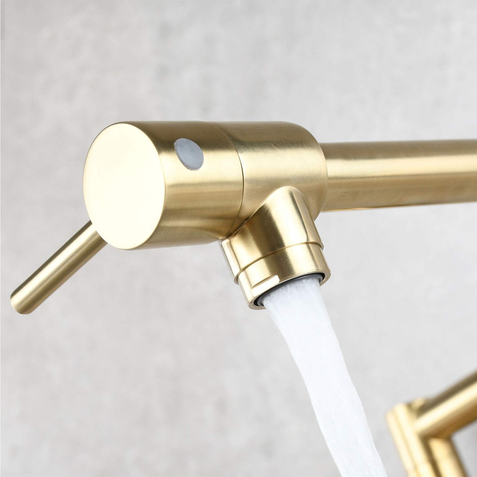 Brass Pot Filler Faucet Wall Mount, Brushed Gold Dual Swing Folding Arms Rotatable Joints Two Handle Kitchen Tap for Stove and Cooking Convenience
