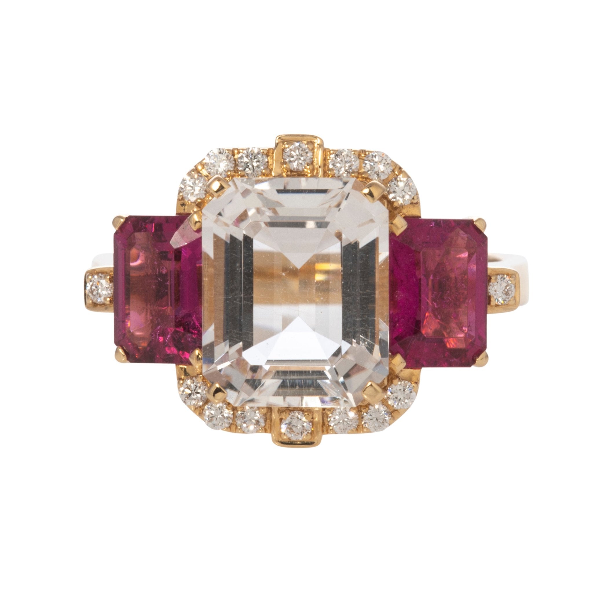 Goshwara 3 Stone Rock Crystal & Rubellite 18K Gold Ring for Women - Elegant Handmade Jewelry for Weddings, Anniversaries & Special Occasions