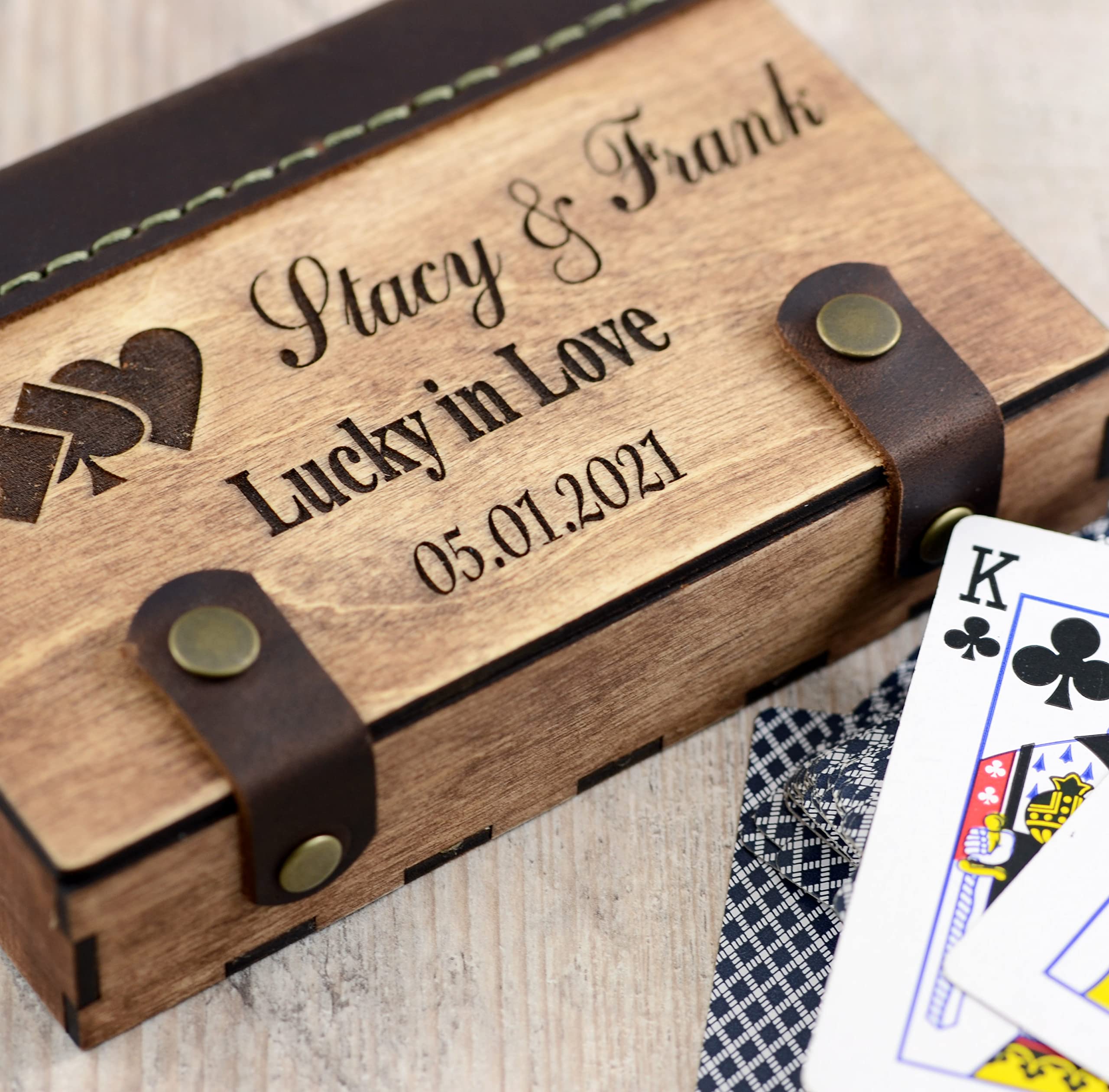 Personalized Wooden Playing Card Storage Box - Handmade 2 Deck Holder for Bridge & Poker Players - Unique Anniversary Gift for Couples - Perfect for Game Nights, Travel & Collectible Card Storage