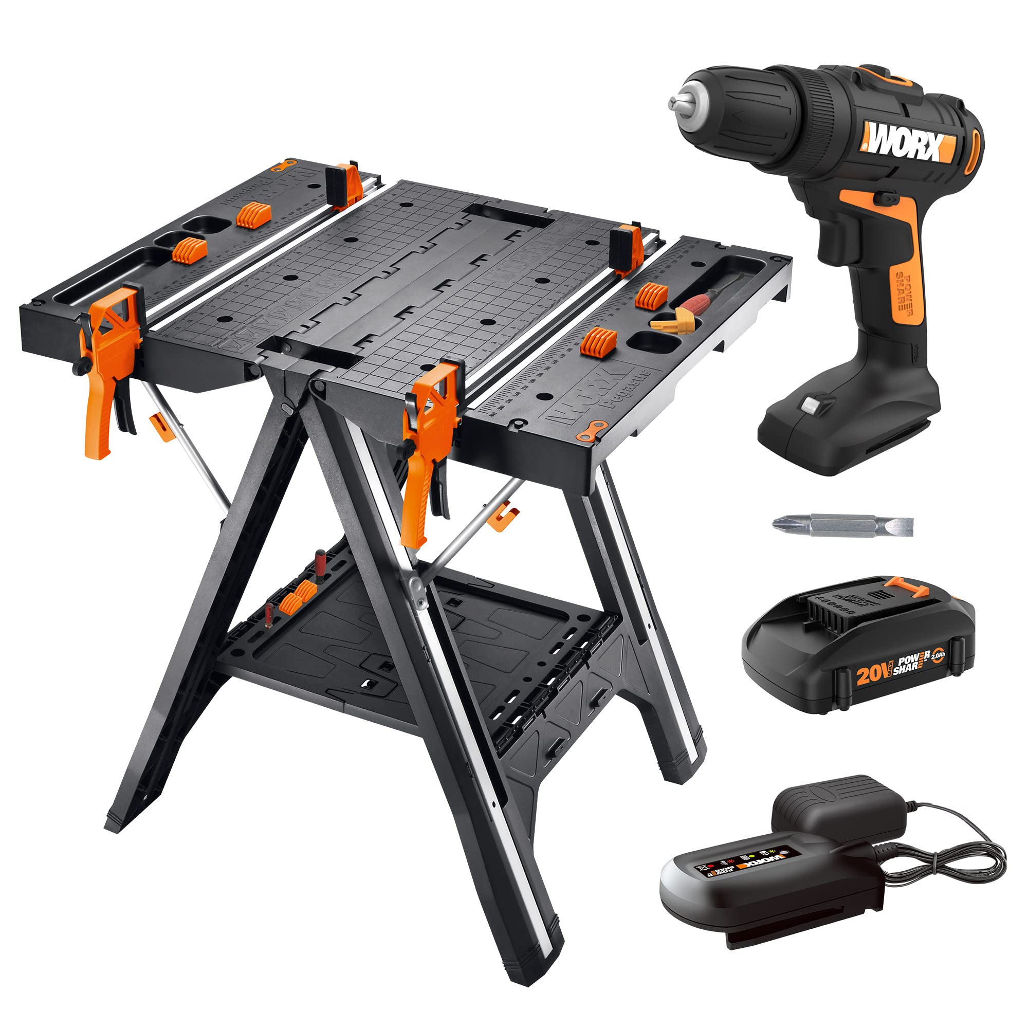 Worx Pegasus Multi-Function Workbench with 20V Cordless Drill/Driver Kit - Portable Folding Work Support Table & Power Tool for DIY Projects, Woodworking, Home Repairs, and Garage Organization